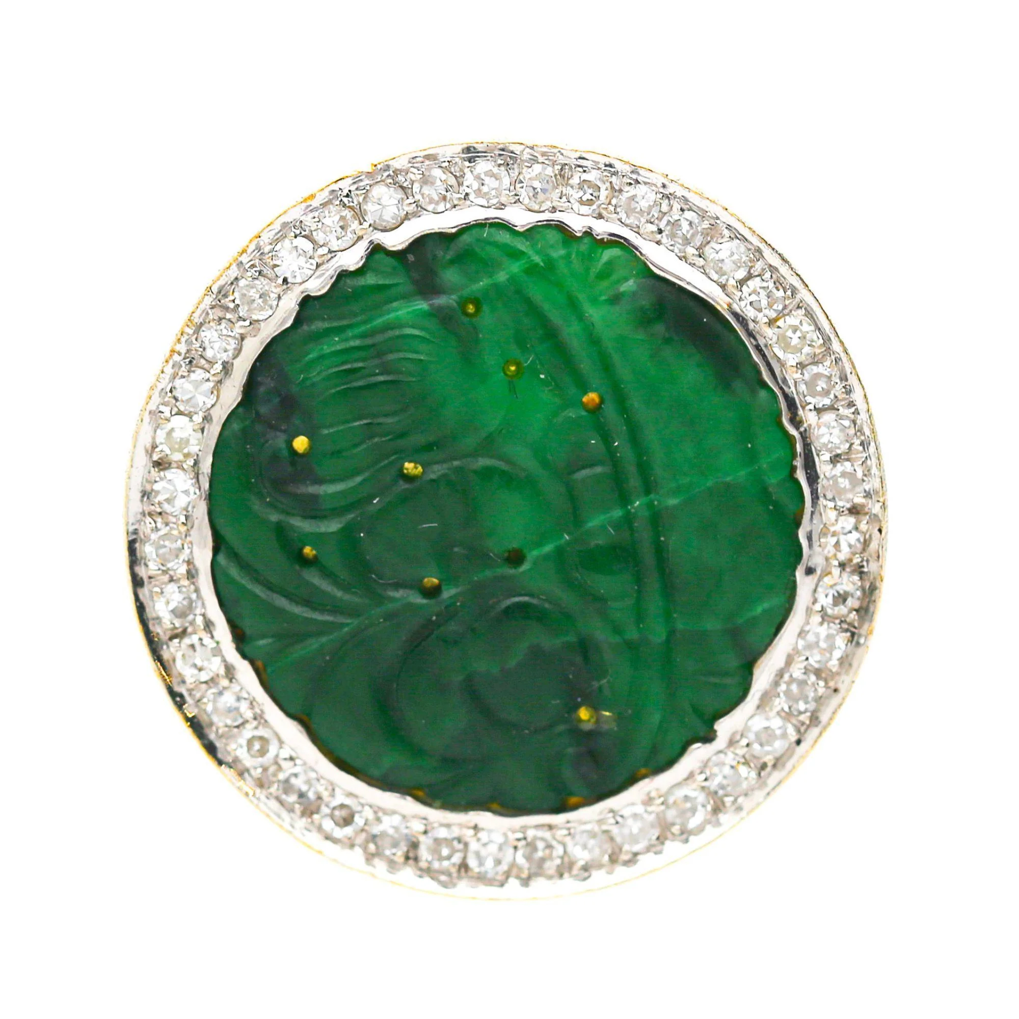 Carved Jade & Diamond in 18K Yellow Gold Two Tone White Gold Halo Wide Band Ring