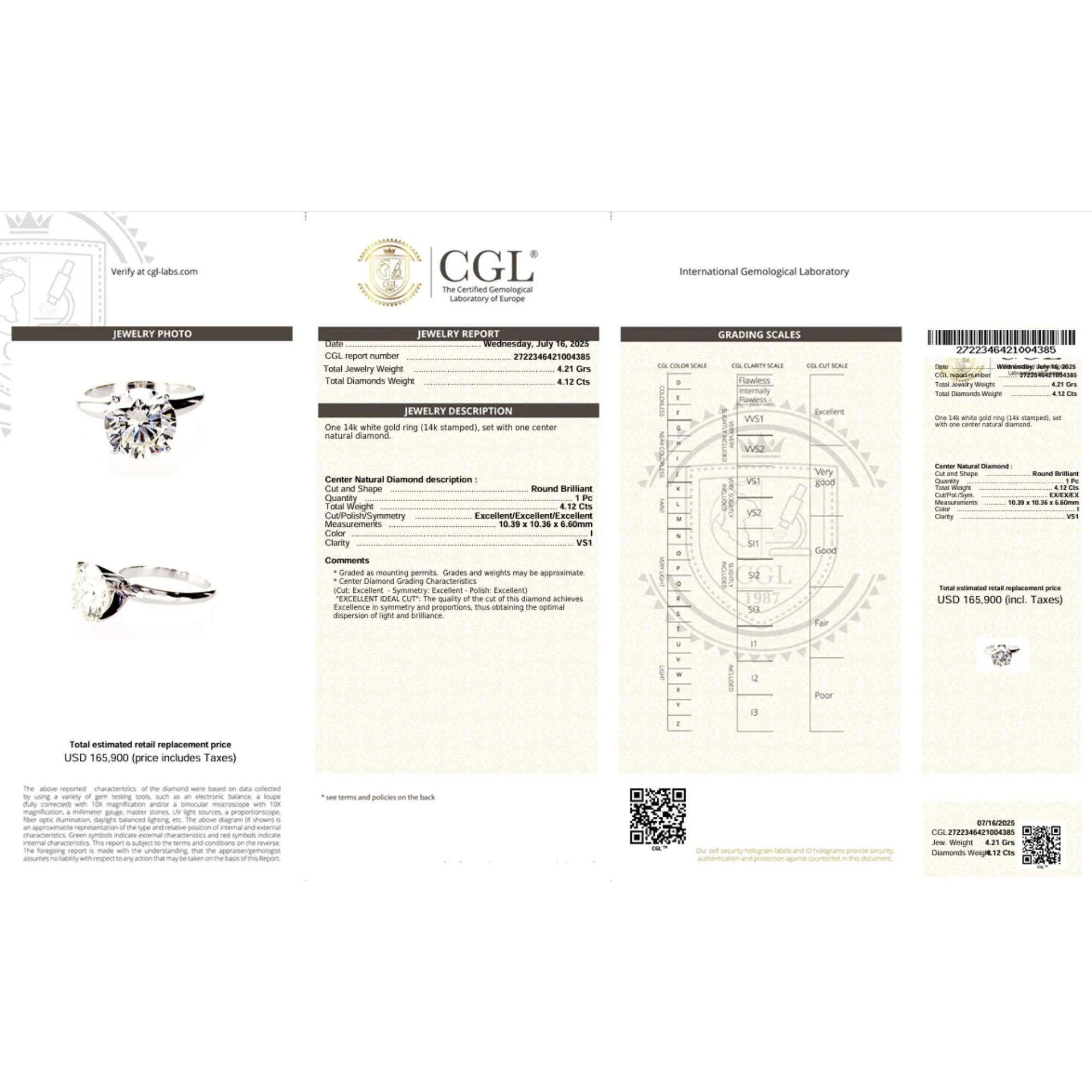 CGL Certified 4.12 Carat I/VS1 Diamond 14K White Gold Solitaire Engagement Ring - Image 11