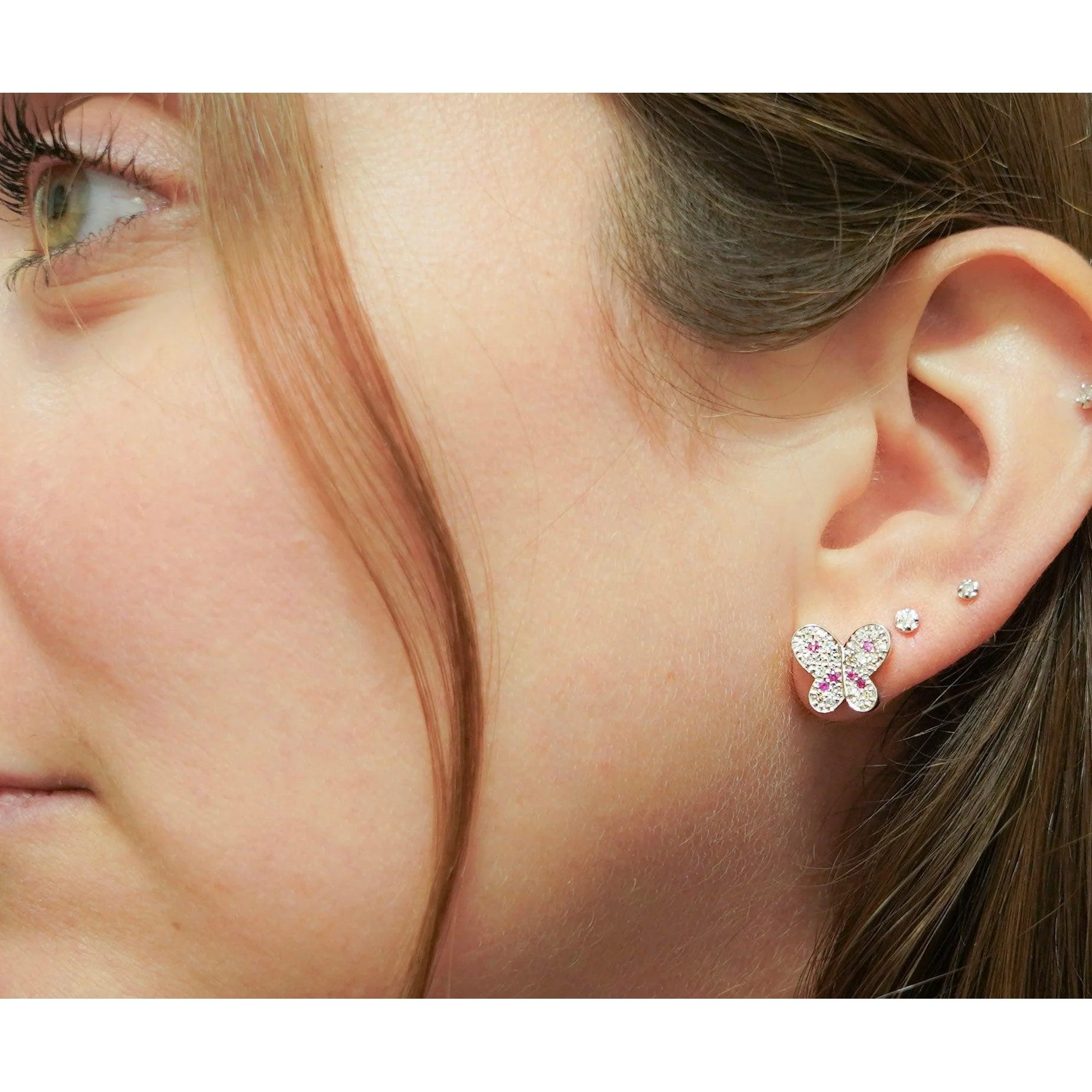 Natural Diamond and Pink Sapphire Cluster Butterfly Stud Earrings in 14K White Gold - Image 4