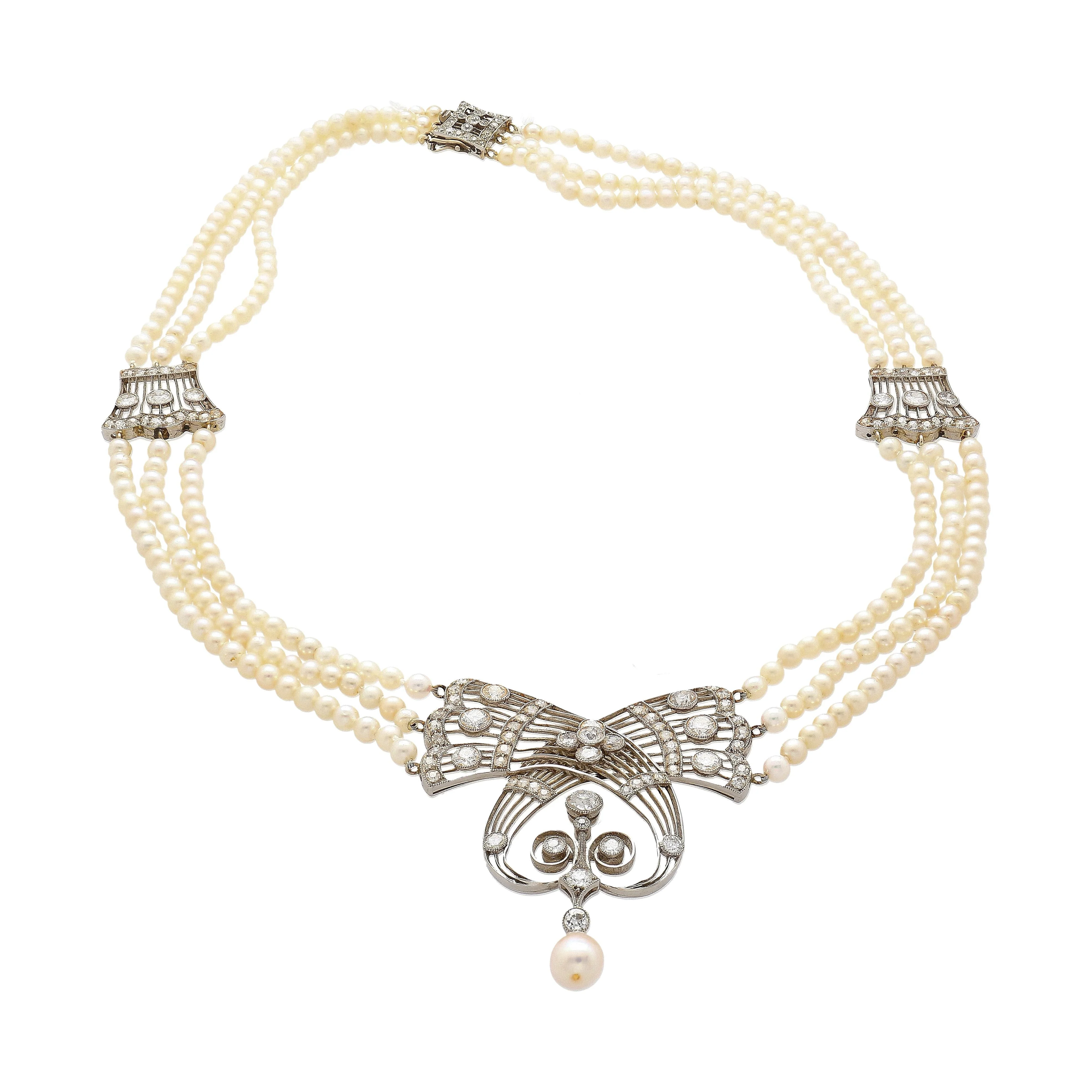 Edwardian GIA Certified Saltwater Pearl & Old Euro Cut Diamond Necklace - Image 4