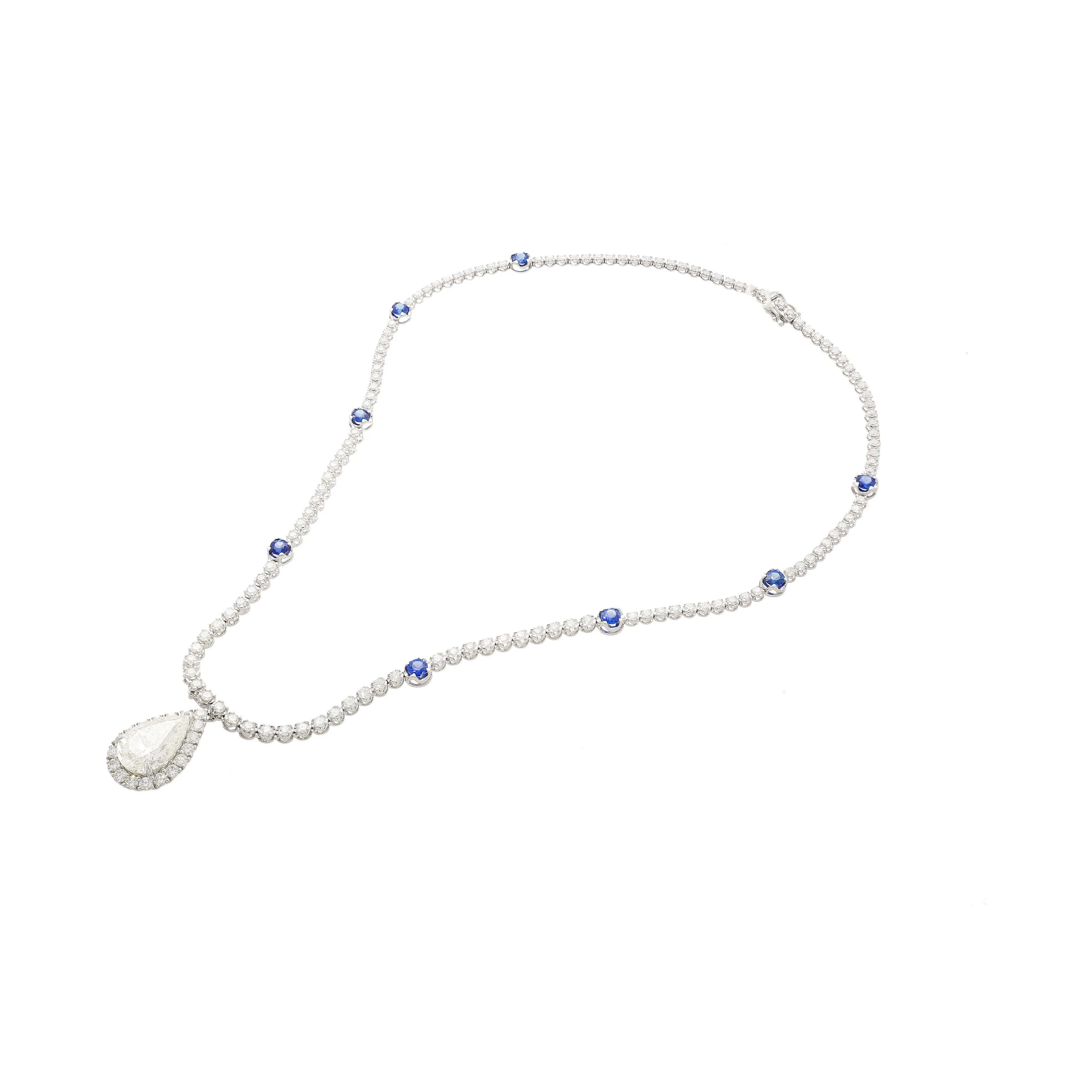 EGL Certified 5.02 Carat Pear Diamond Pendant and Diamond Halo & Sapphire Detail - Image 5