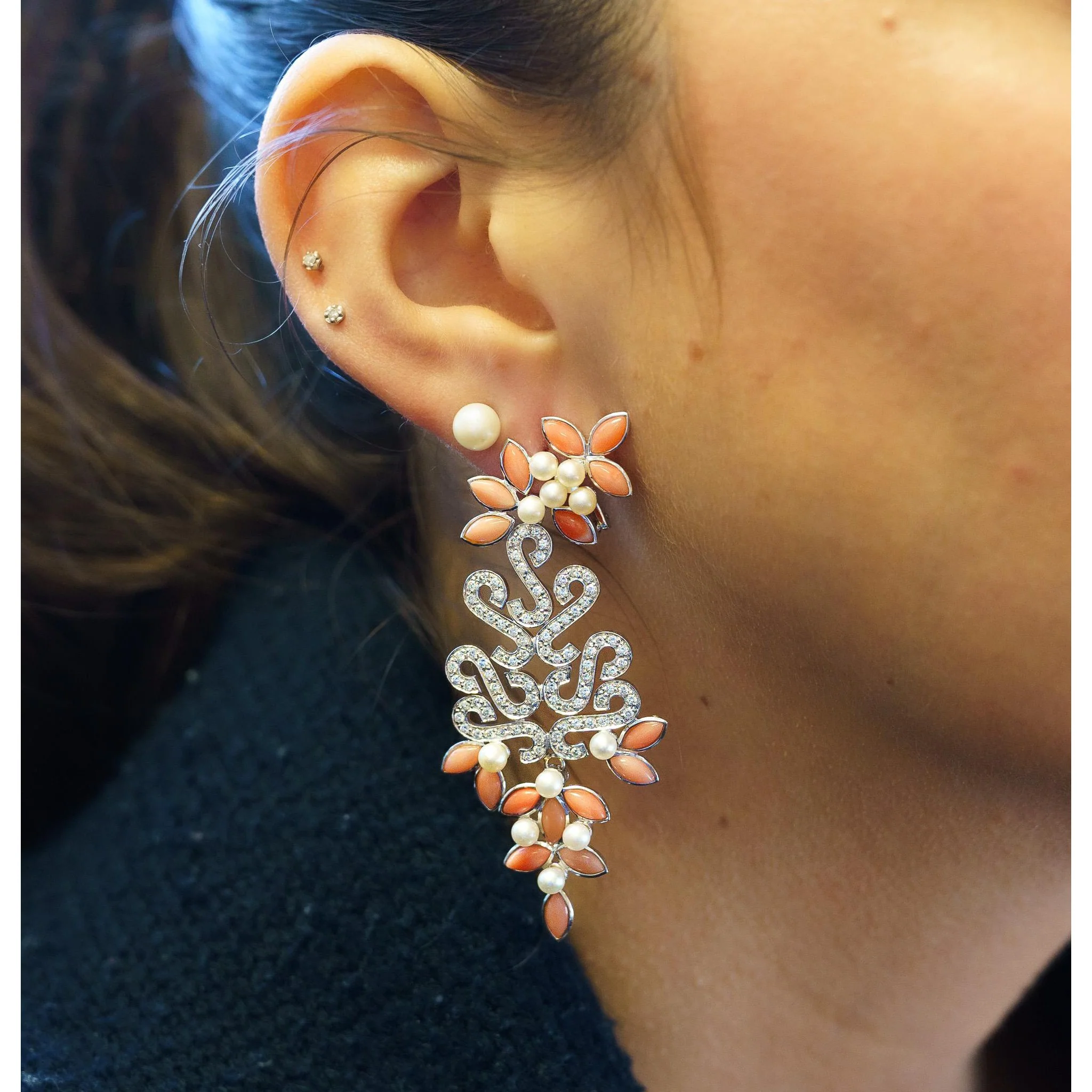 Marquise Coral, Pearl, And Diamond Floral Drop Earrings in 18k White Gold - Image 4