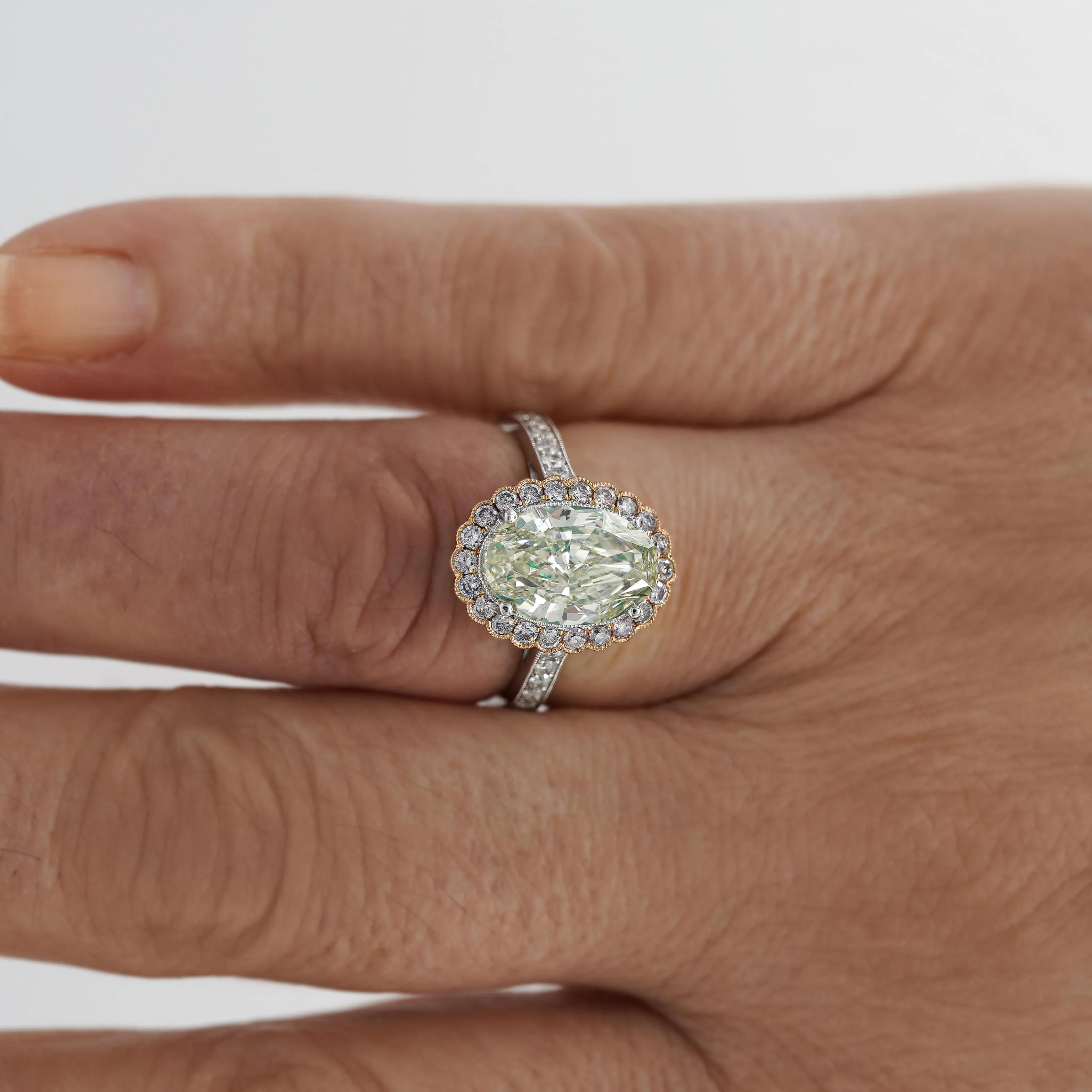 GIA 3.3 Carat Fancy Green-Yellow Oval Diamond Halo 18K Gold Ring - Image 3