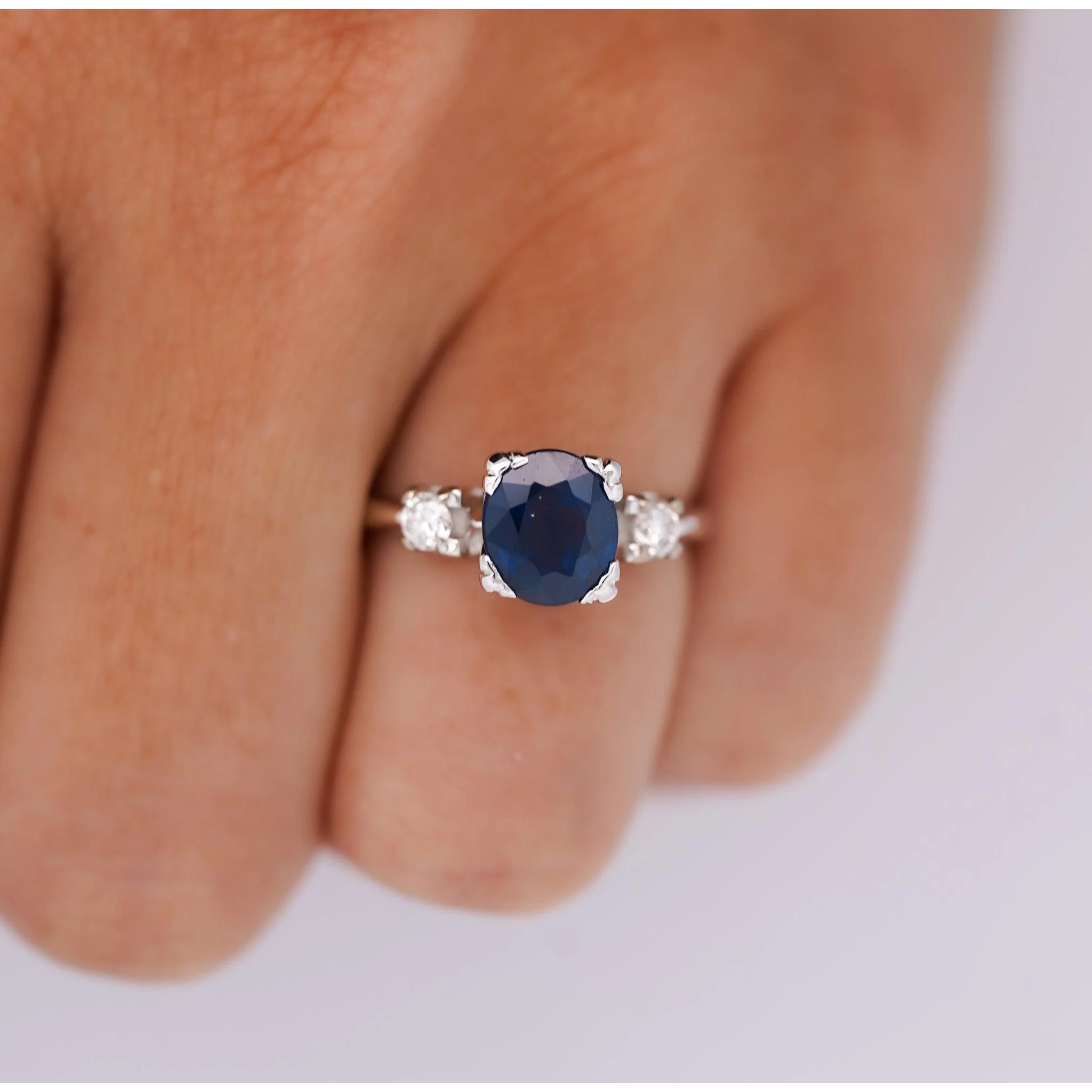 GIA Cert. 1.85 Carat Oval Blue Sapphire & Diamond 14K White Gold 3 Stone Ring - Image 7