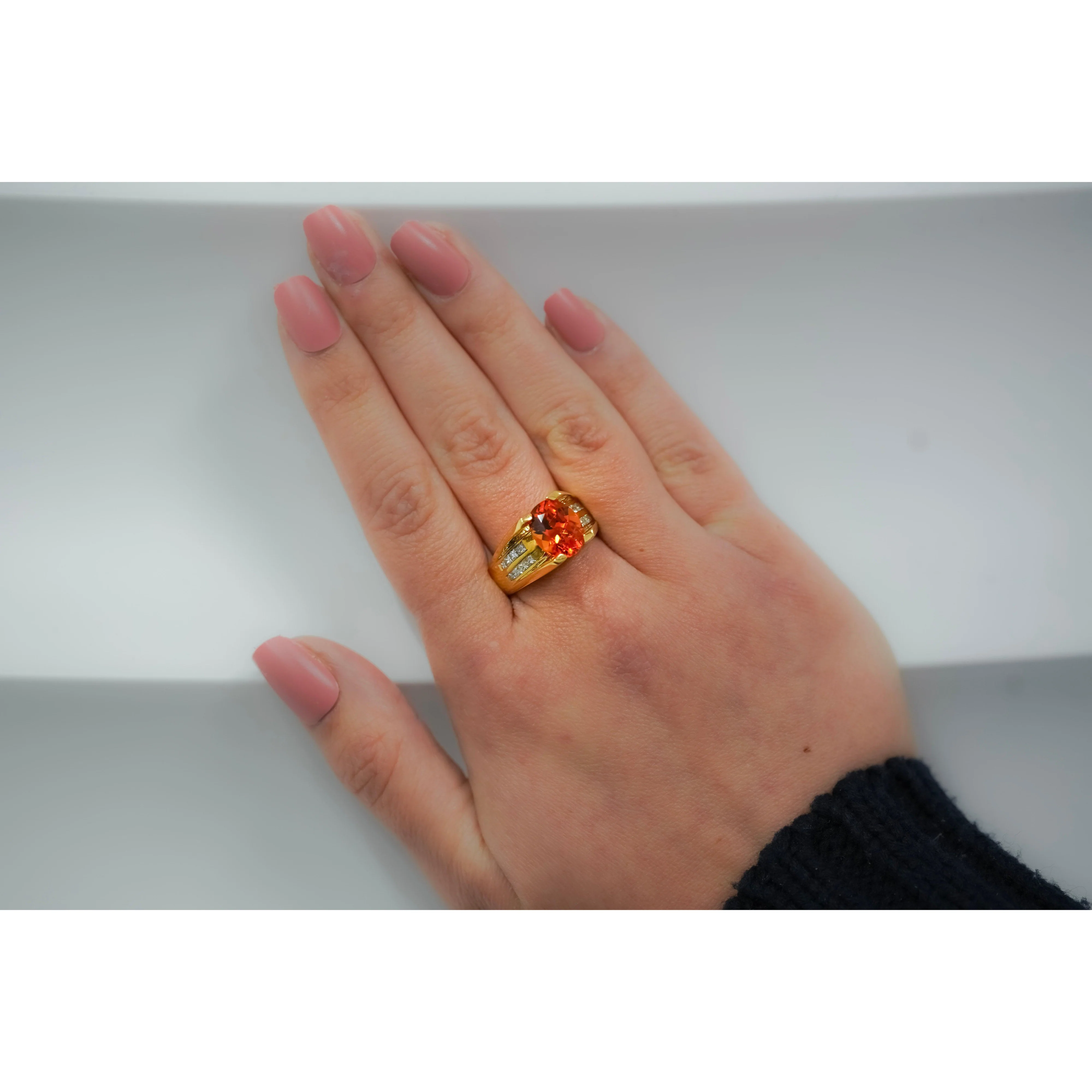 GIA Certified Oval Cut Orange Spessartine Garnet And Diamond 18K Dome Ring - Image 3