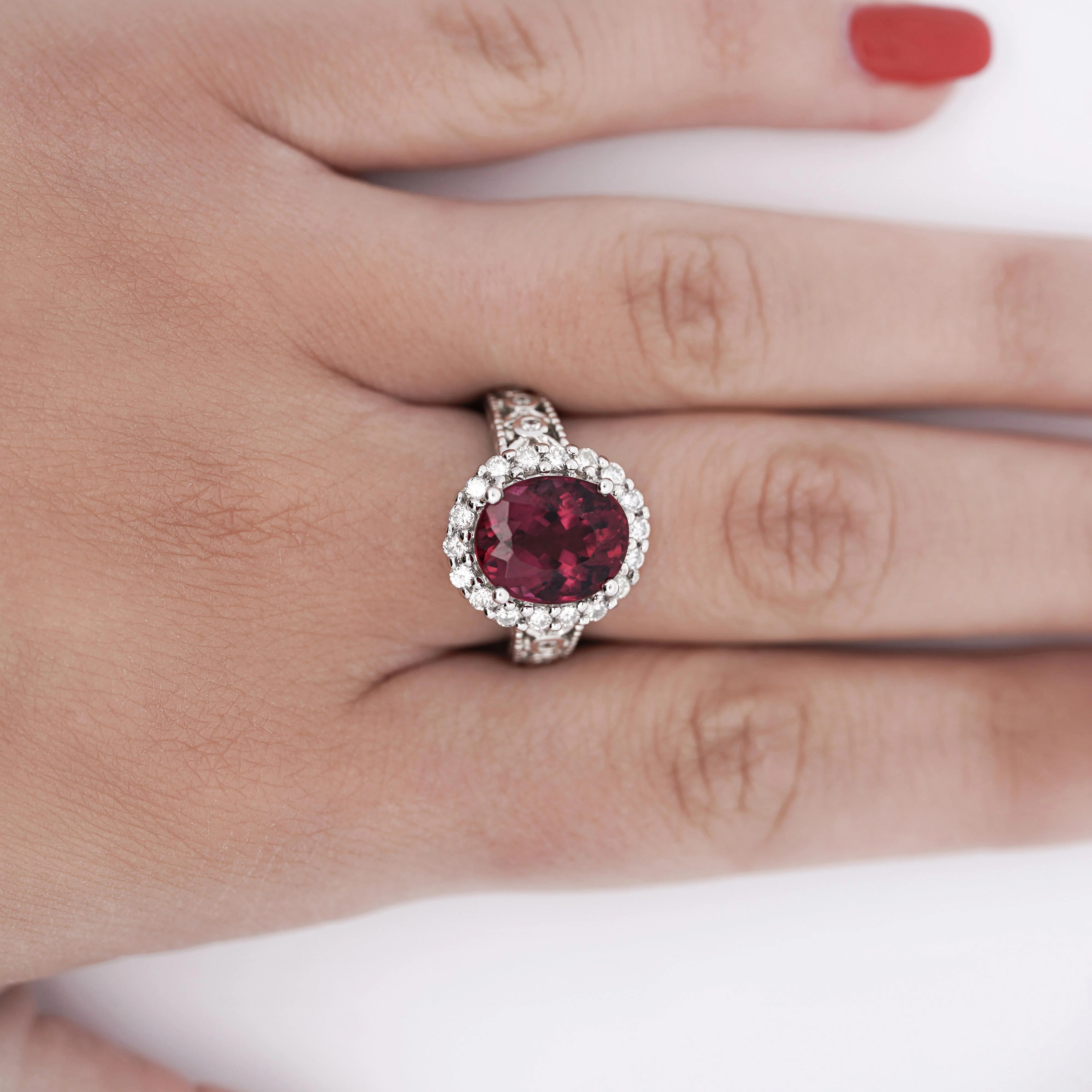 GIA Cert. 5.52 Carat Rubellite and Diamond Halo Filigree Ring - Image 4
