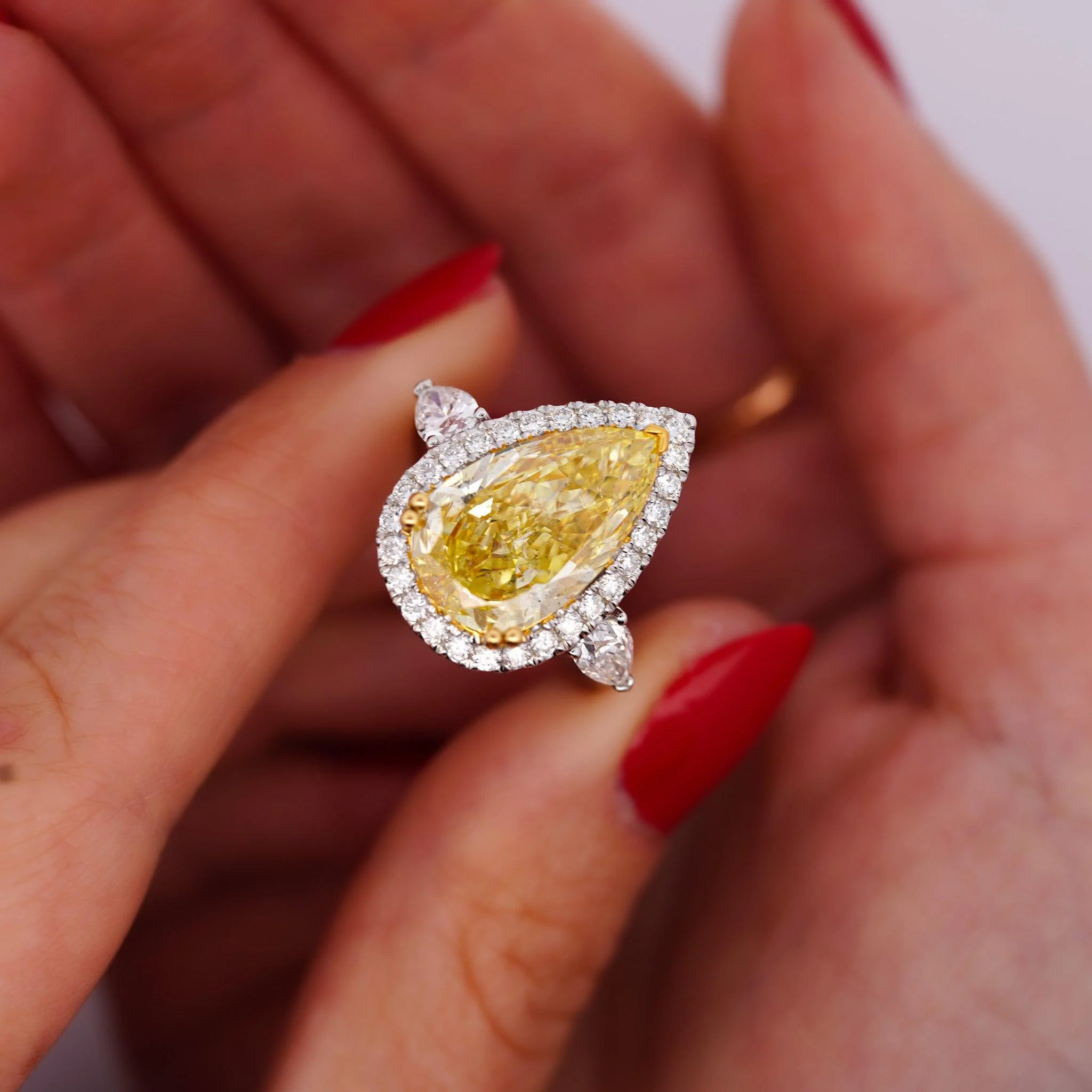 GIA Certified 6.06 Carat Fancy Intense Yellow Pear Cut Diamond 18K Ring - Image 2