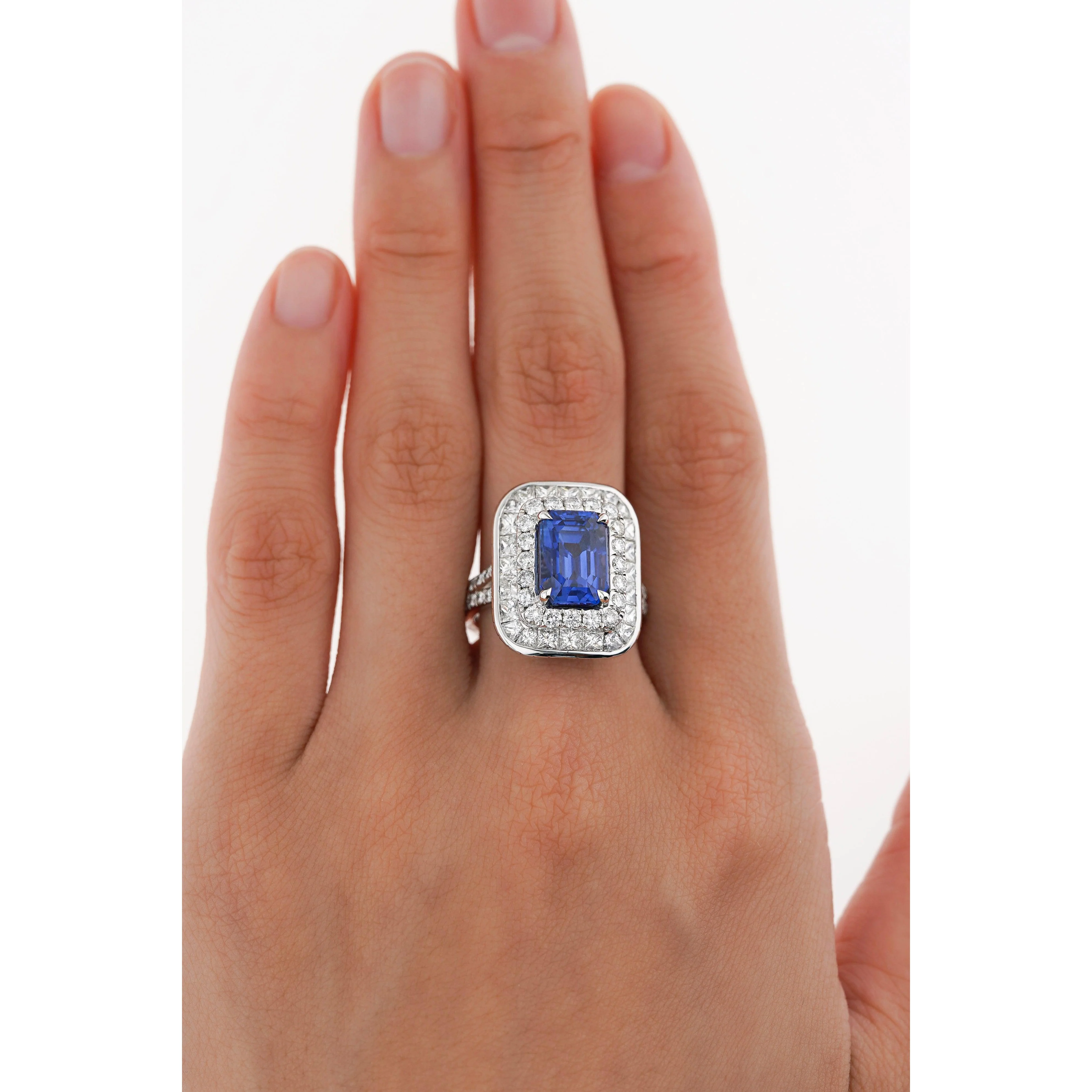 GIA Certified 6 Carat Emerald Cut No Heat Burma Blue Sapphire & Diamond Ring - Image 10