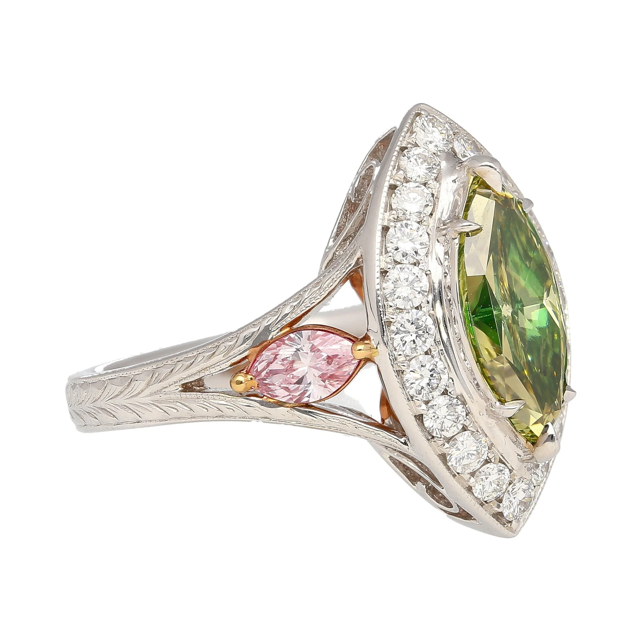GIA Certified 1.92 carat Brownish Greenish Yellow Marquise Cut Diamond Ring - Image 4