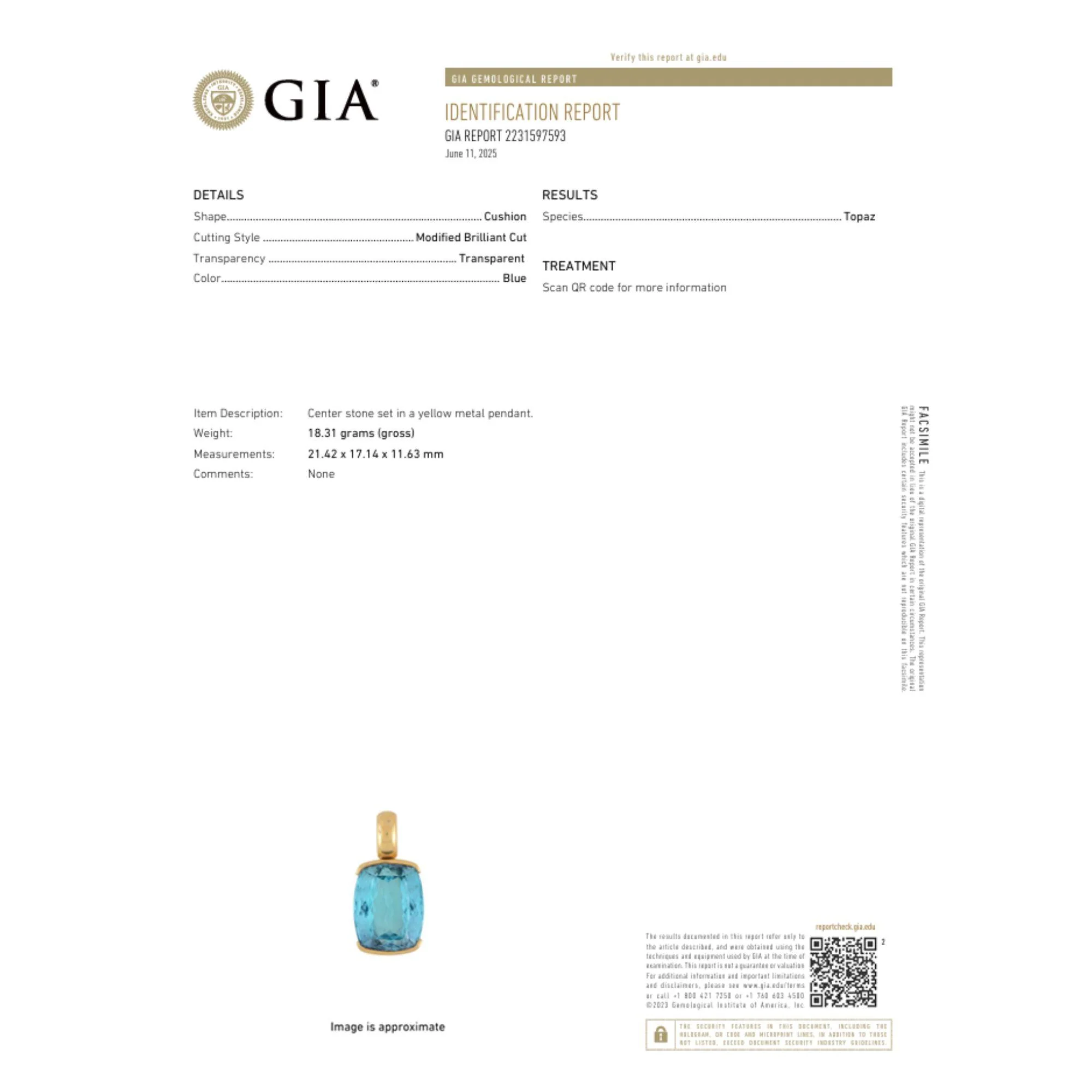 GIA Certified Cushion Cut Blue Topaz in 18K Gold Bezel Pendant Necklace - Image 10