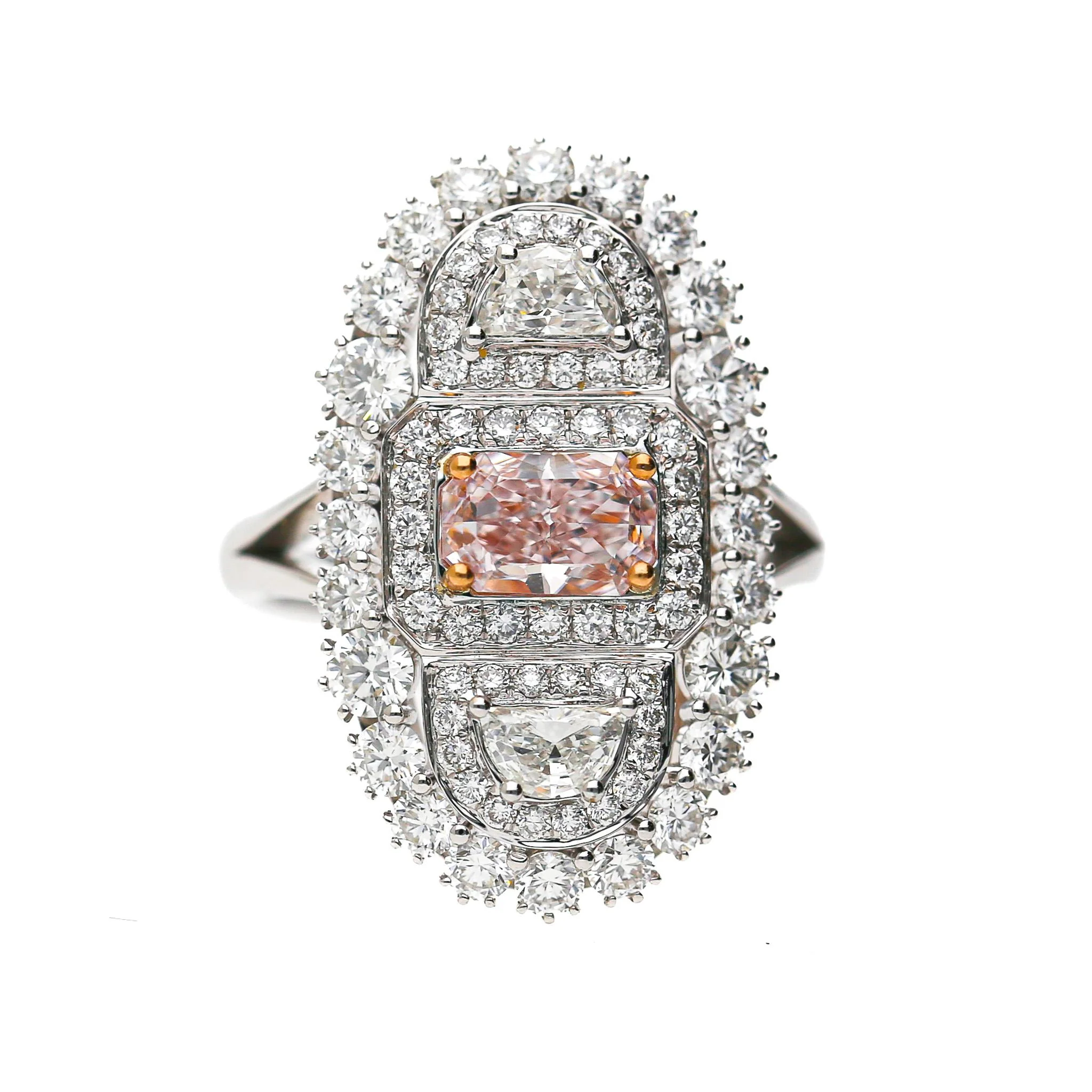 GIA Certified Fancy Light Pink Diamond Elongated Halo Cluster Ring