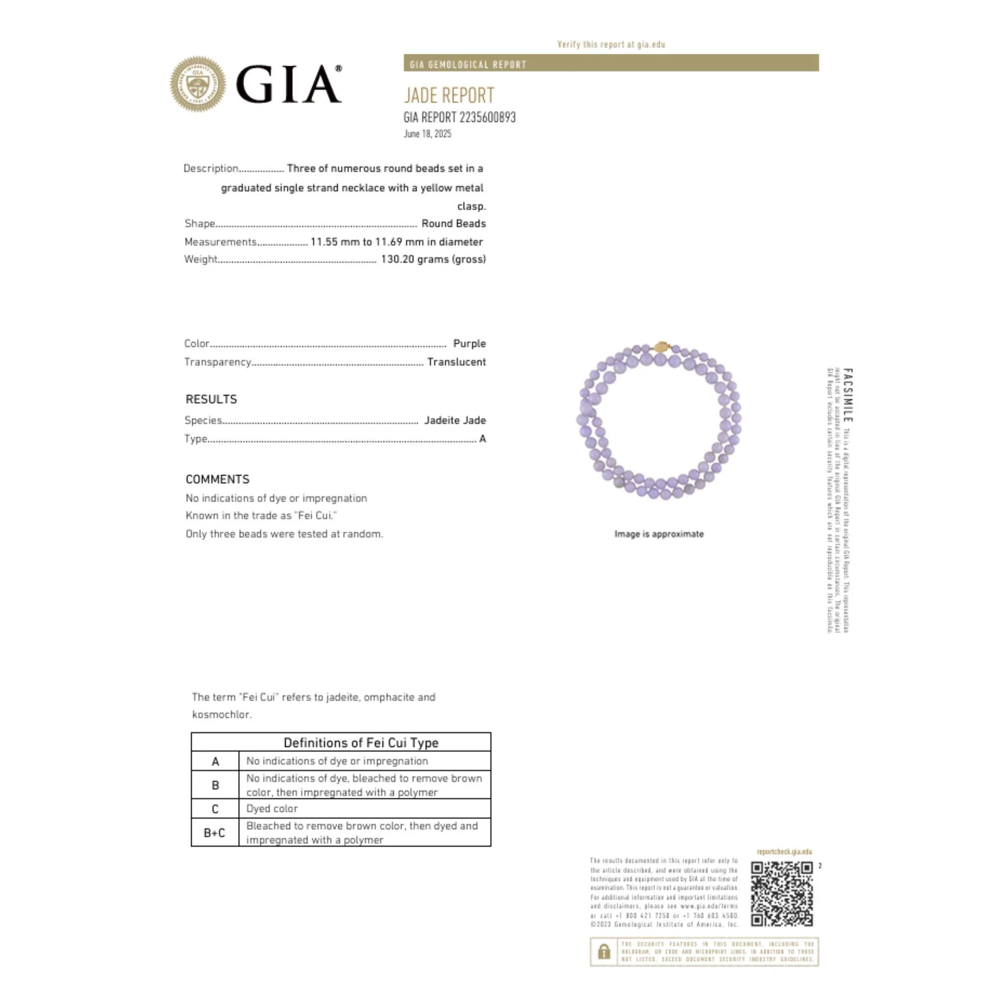 GIA Certified Gumps San Francisco Type A Lavender Jadeite Bead Necklace - Image 8