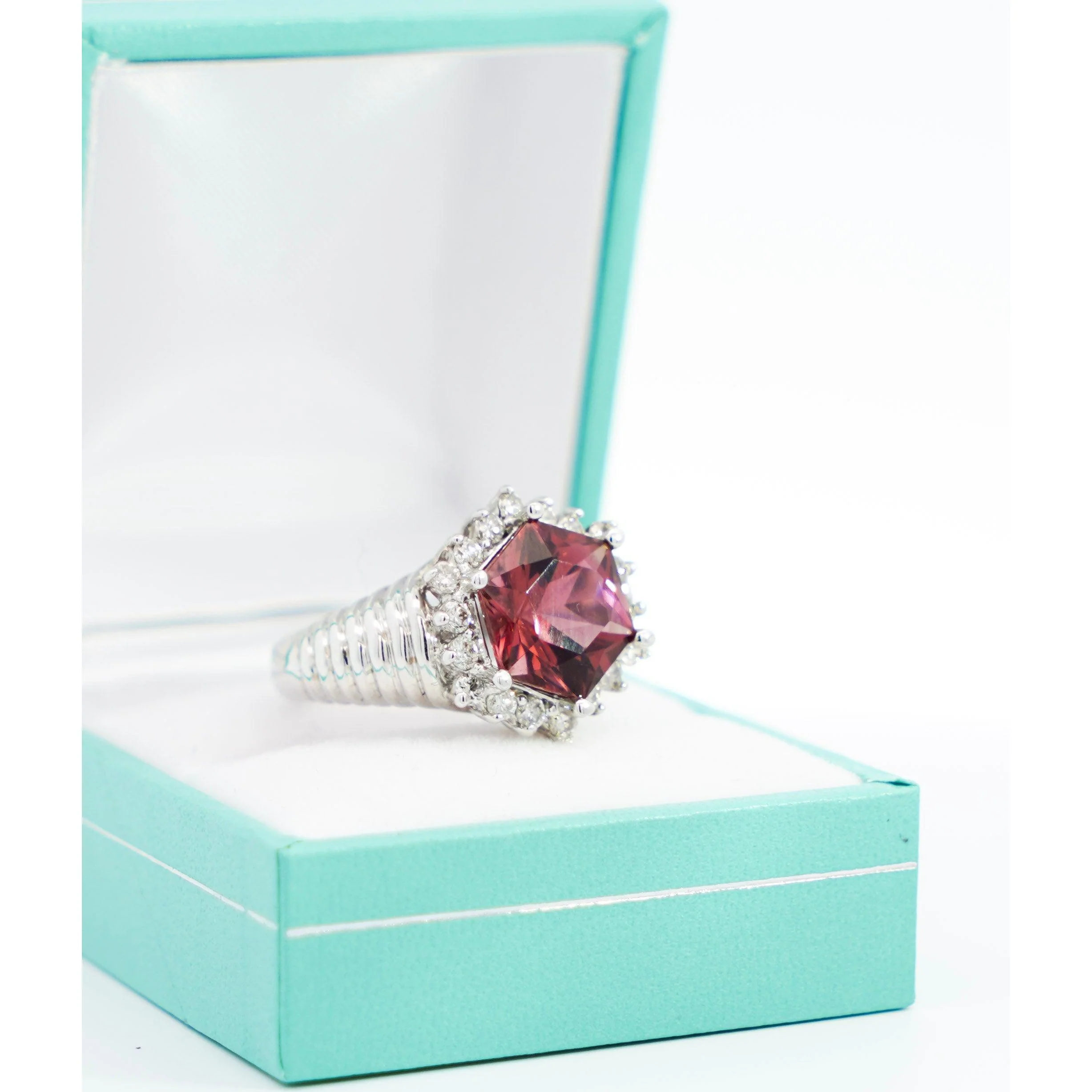 GIA Certified Hexagon Cut Pink Tourmaline with Diamond Halo Star Shape Ring in 18K White Gold - Image 8