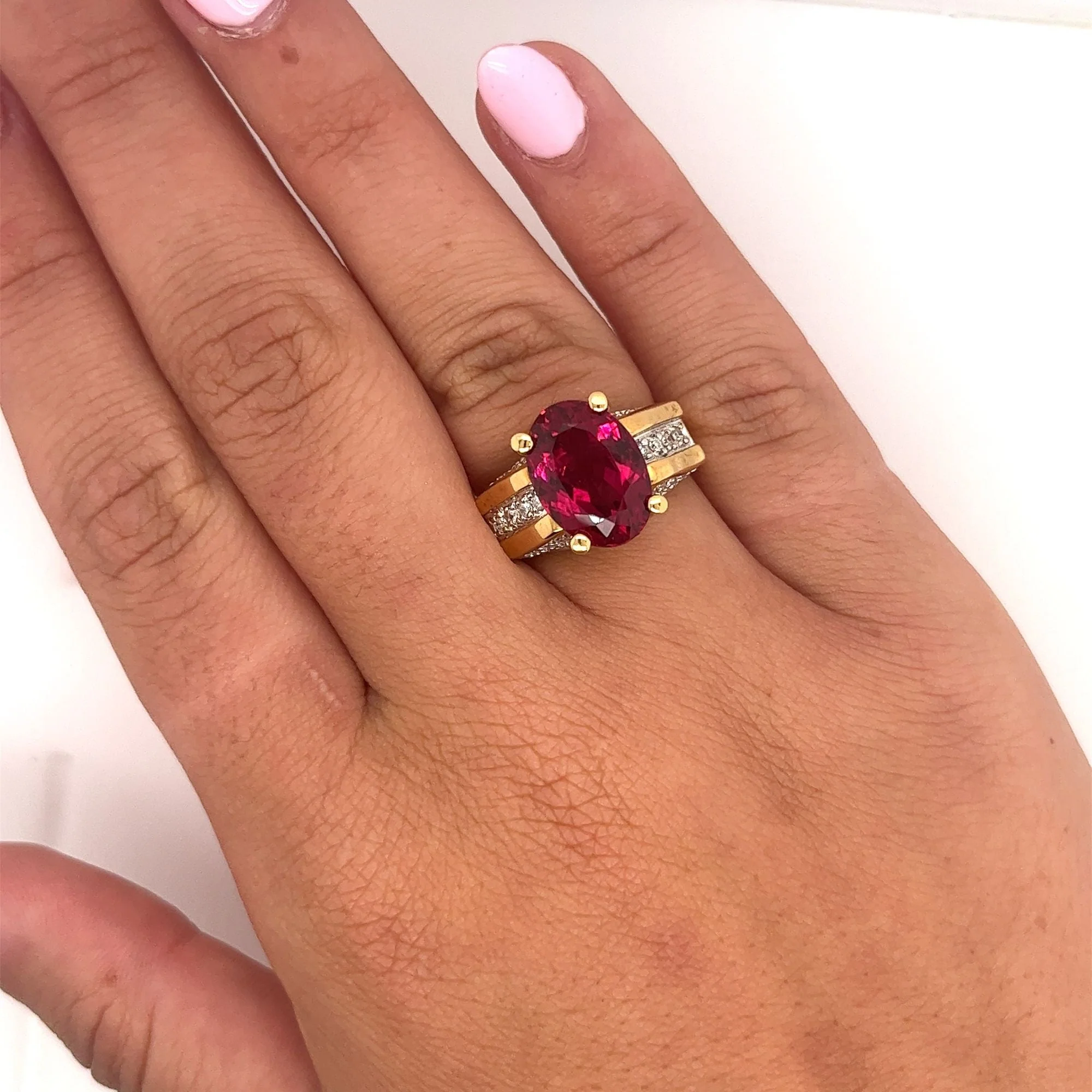 GIA Certified Oval Cut 7 Carat Purplish Red Tourmaline Ring with Diamond Sides in 18K Gold - Image 5