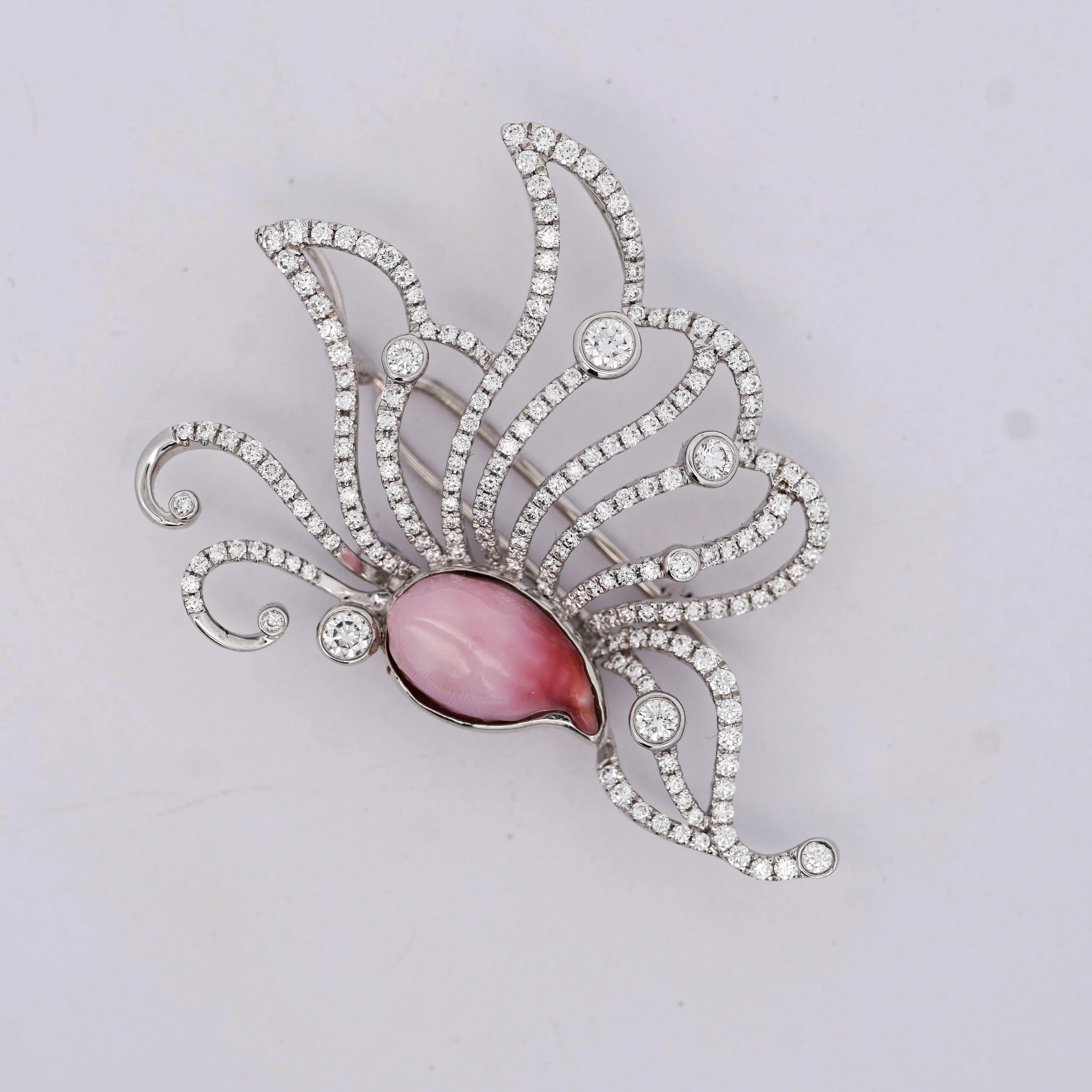GIA Certified Pink Natural Saltwater Conch Pearl & Diamond Platinum Brooch - Image 3