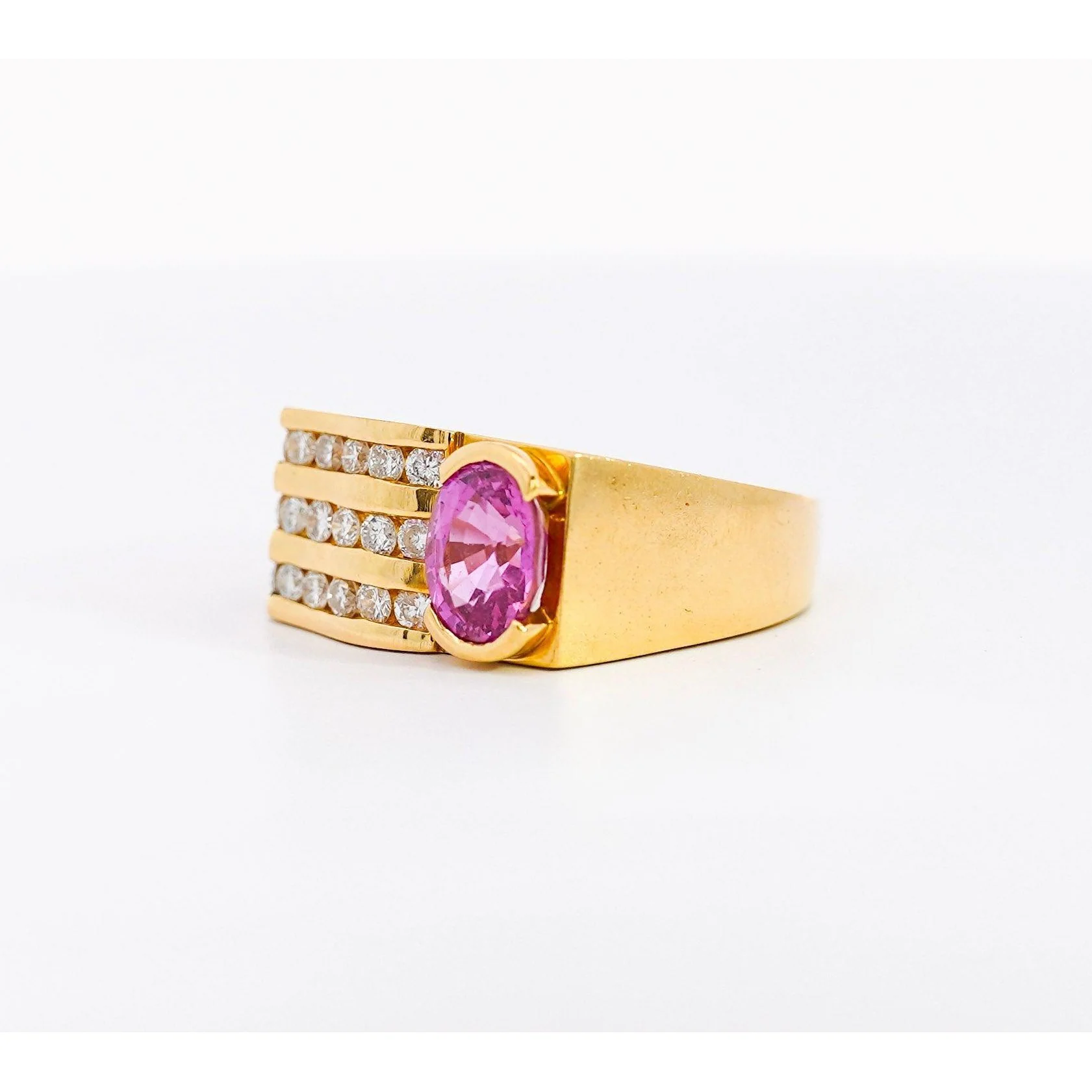 GIA Certified 2.77 Carat Oval Cut Pink Sapphire Square Shape Ring in Half Bezel and Channel Setting - Image 6