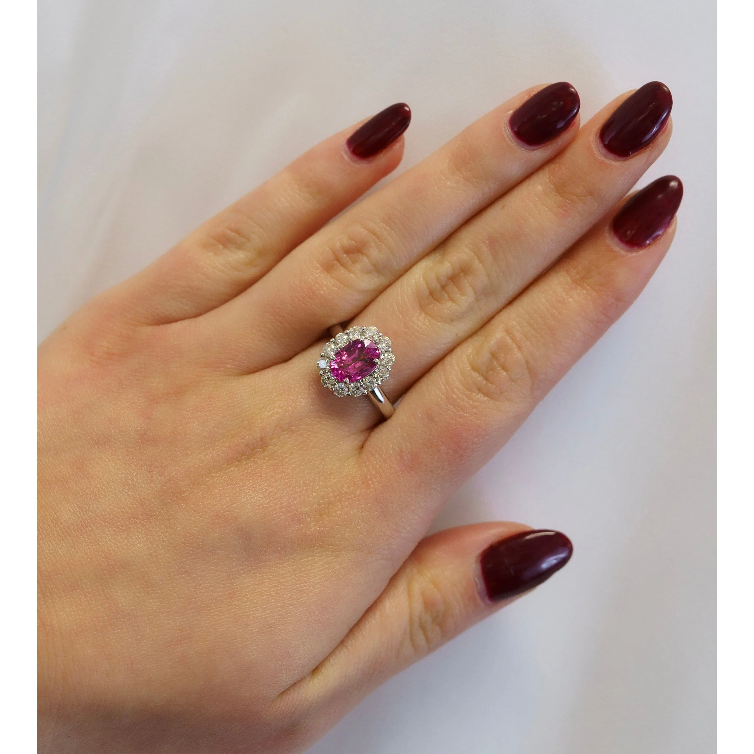 CGTL Certified 3.96 Carat Oval Cut Pink Sapphire and Diamond Halo Ring in 18k White Gold - Image 8