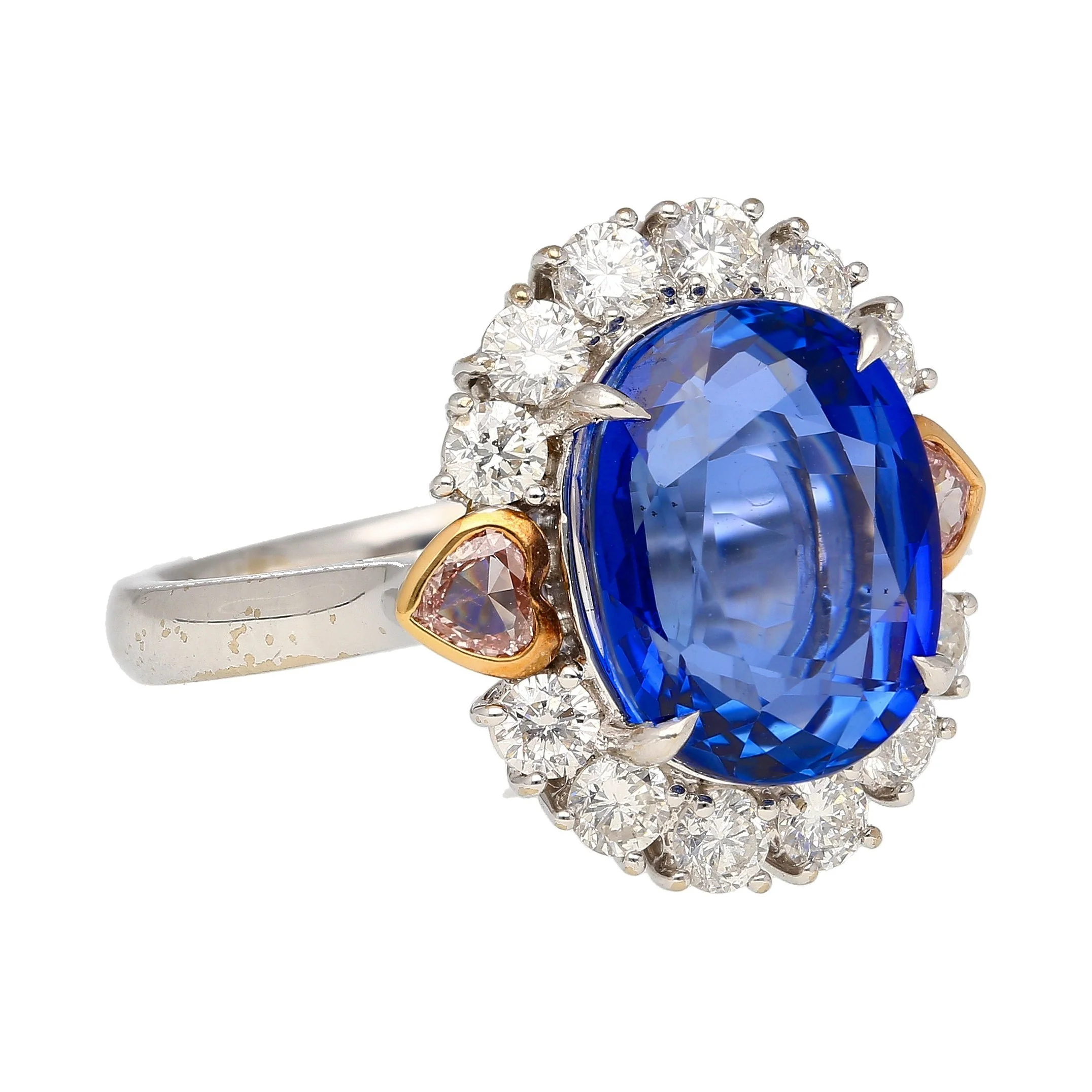 GRS Certified 7.25 Carat No Heat Oval Cut Blue Sapphire Ring With Pink Diamond Sides - Image 2
