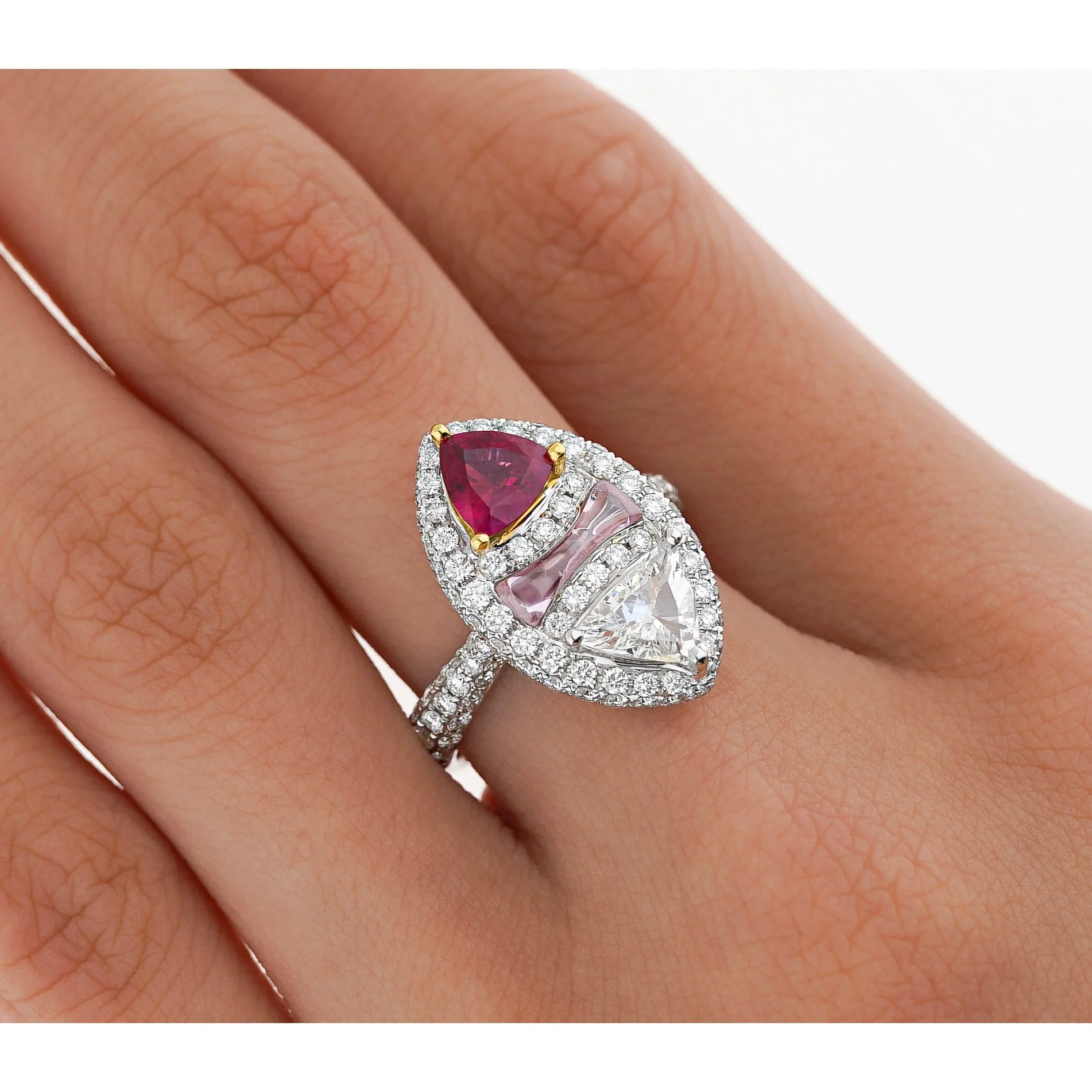 GRS Certified Trilliant Cut Burma Ruby and Diamond Long Oval Shaped Toi Et Moi Ring in 18K White Gold - Image 8