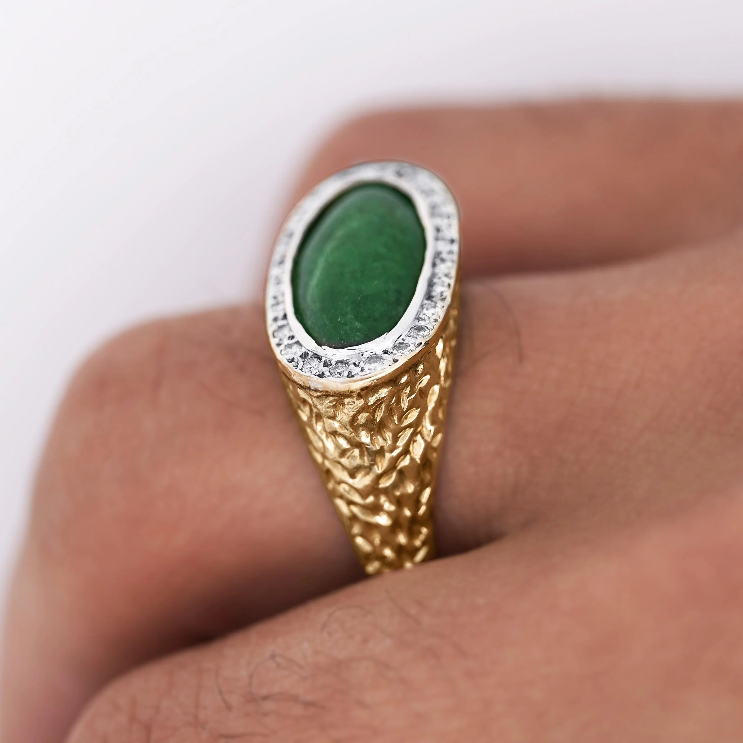 Jadeite Jade Bezel Set & Diamond Pavé in 14K Gold Nugget Ring - Image 6