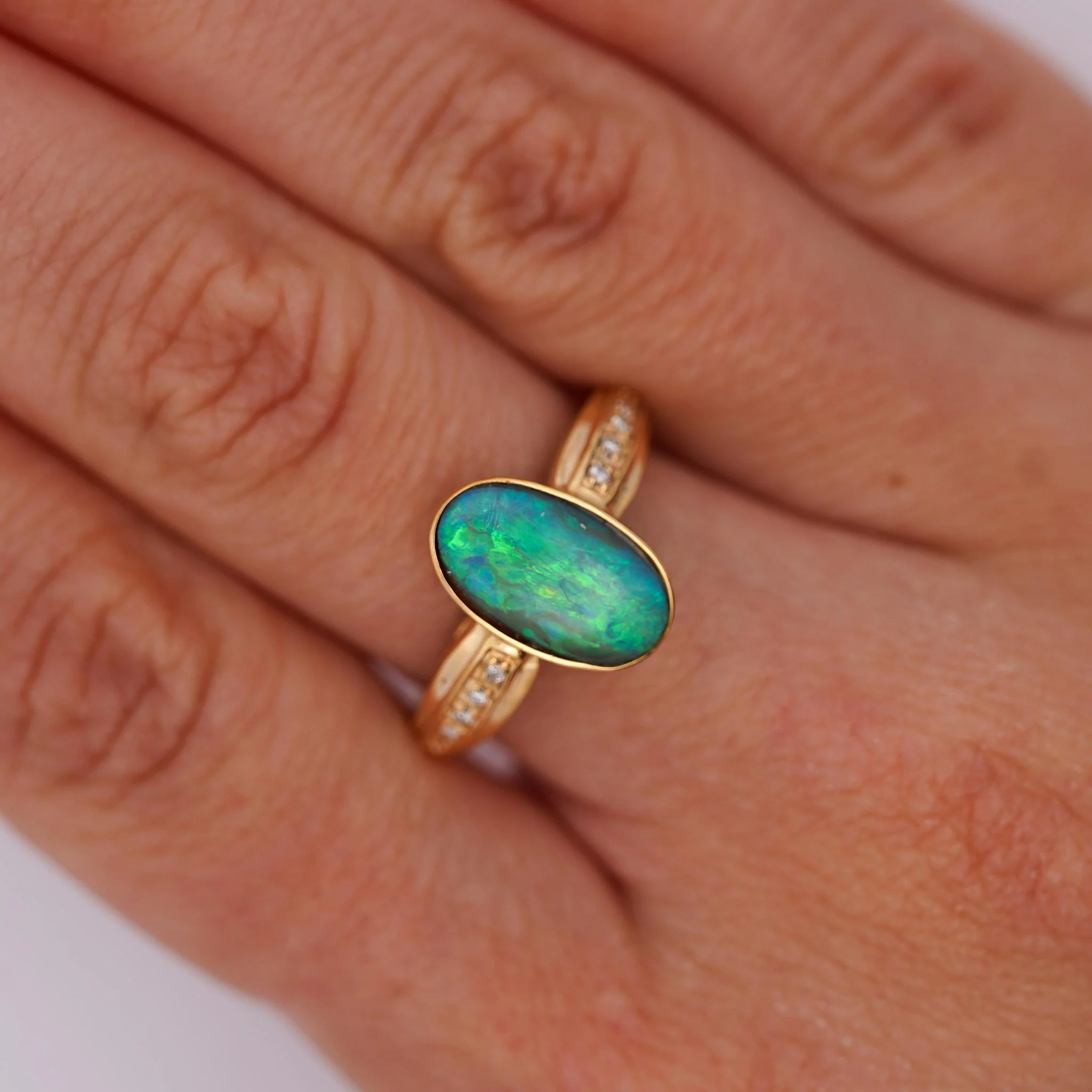 Natural 0.12 Carat Diamond with Black Opal Doublet in 18K & 14K Yellow Gold Ring - Image 2