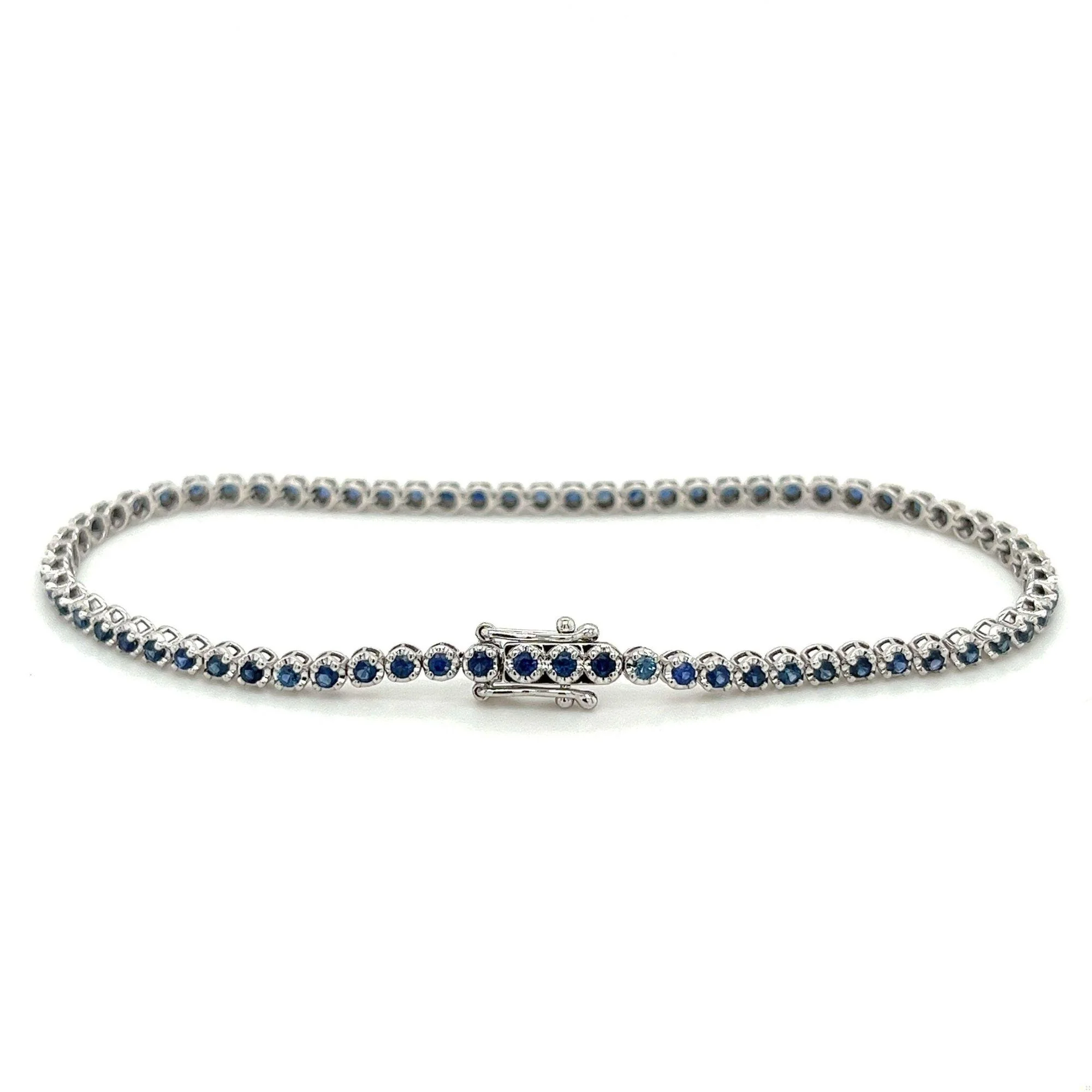 Natural 1.5 Carat Blue Sapphire in 14K White Gold Ball Style Tennis Bracelet - Image 3
