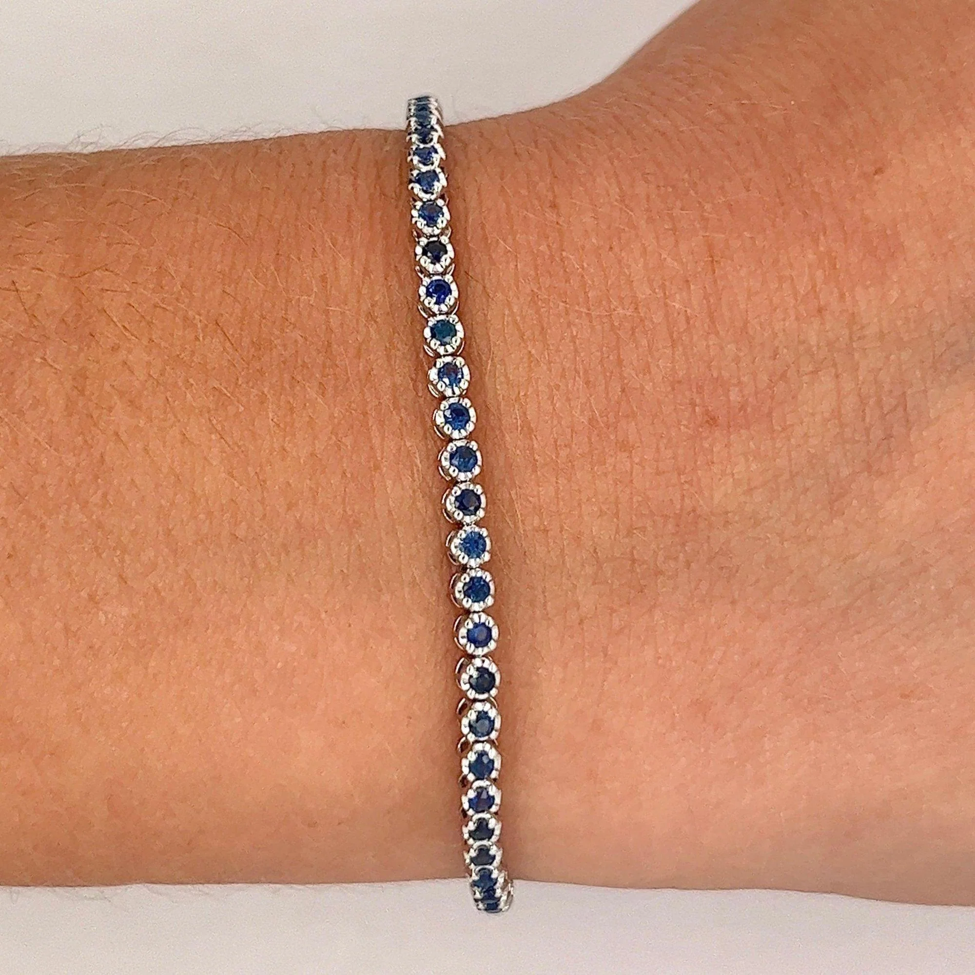 Natural 1.5 Carat Blue Sapphire in 14K White Gold Ball Style Tennis Bracelet - Image 4