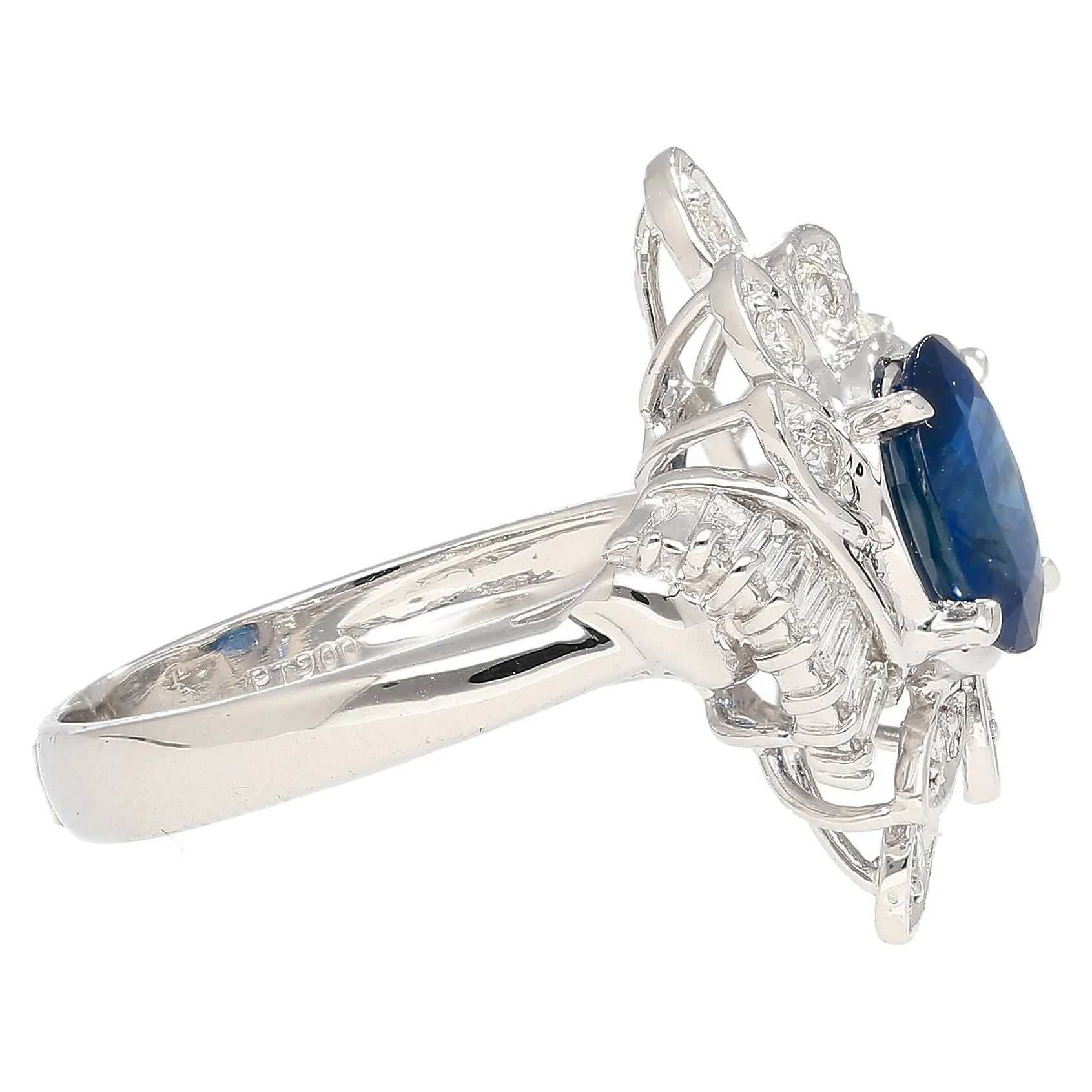 Natural 1.52 Carat Oval Blue Sapphire and Diamond Platinum Floral Ring - Image 4