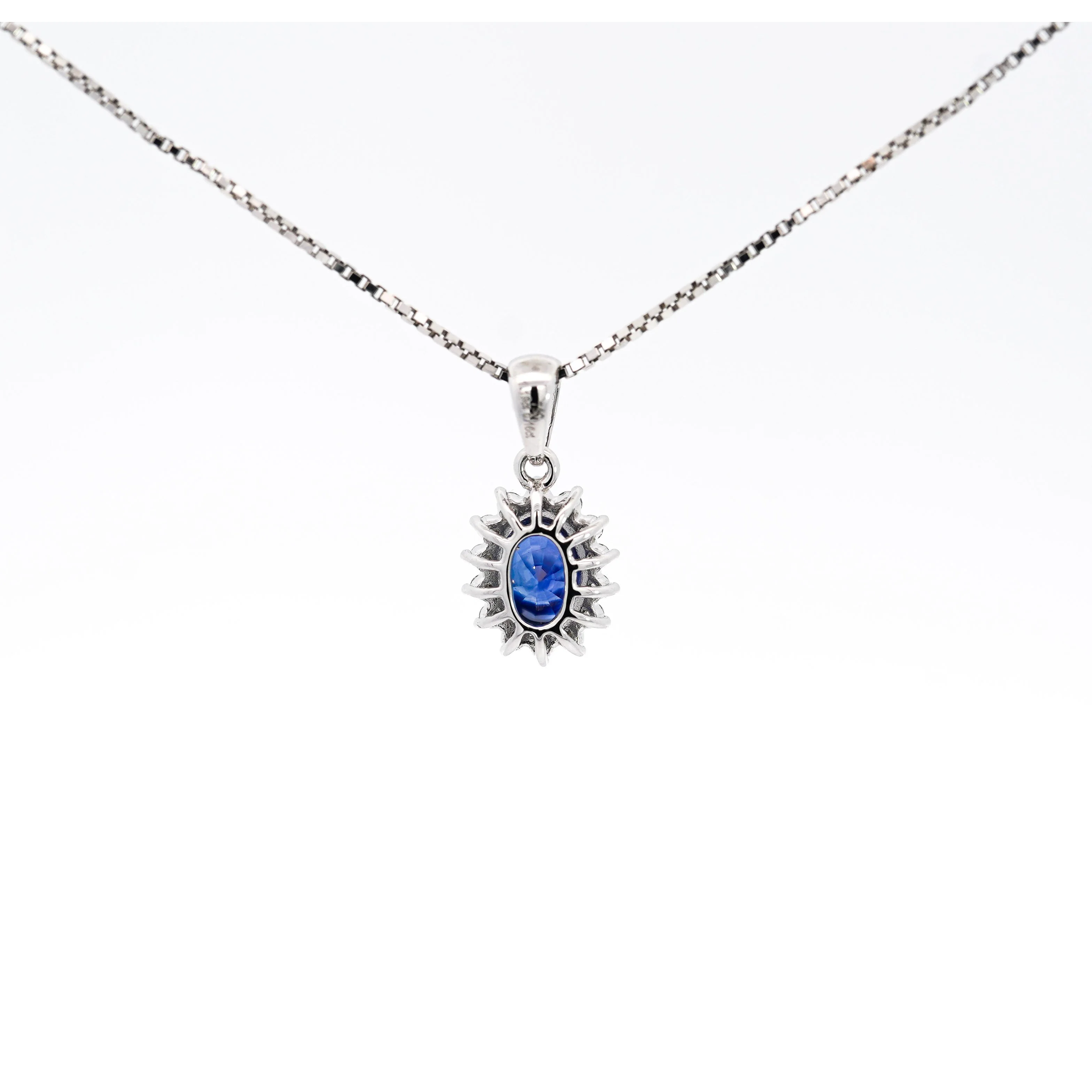 Natural 1.20 Carat Oval-Cut Blue Sapphire and Diamond Halo Pendant Necklace - Image 5