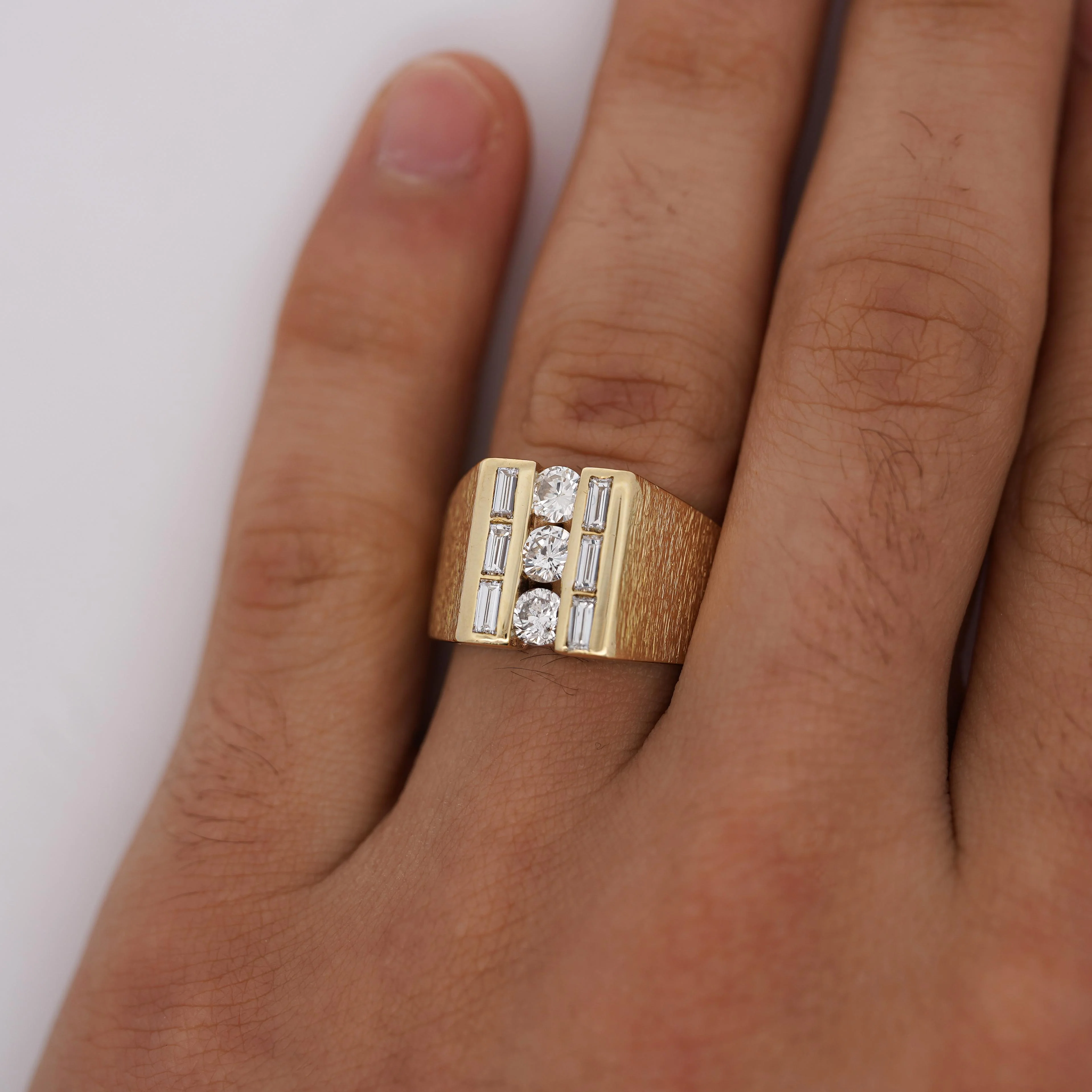 Natural 1 Carat Round & Baguette Cut Diamond in 18K Yellow Gold Matte Mens Ring - Image 7