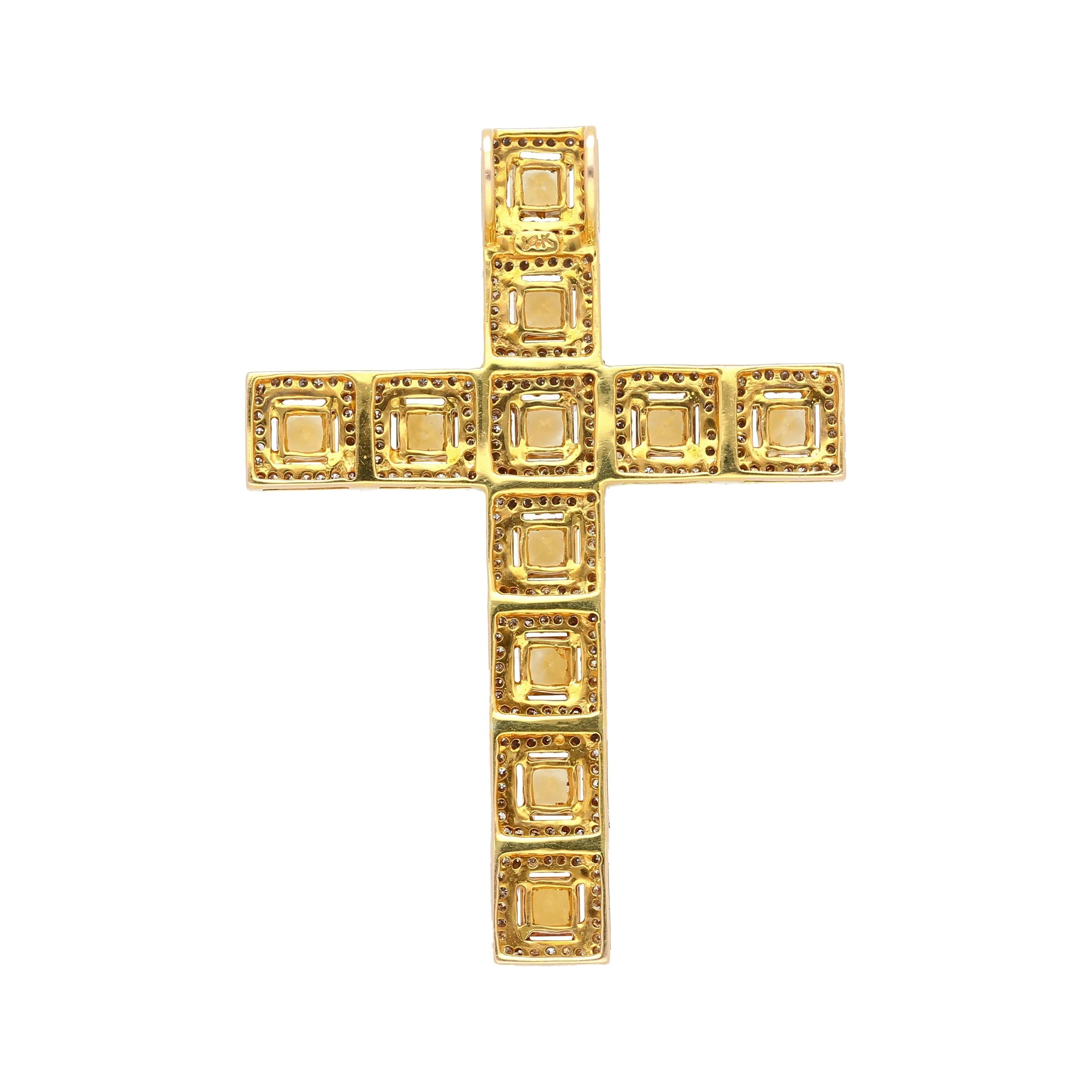 Natural 2.33 Carat Princess Cut Yellow Sapphire & Diamond Halo Cross Pendant - Image 3