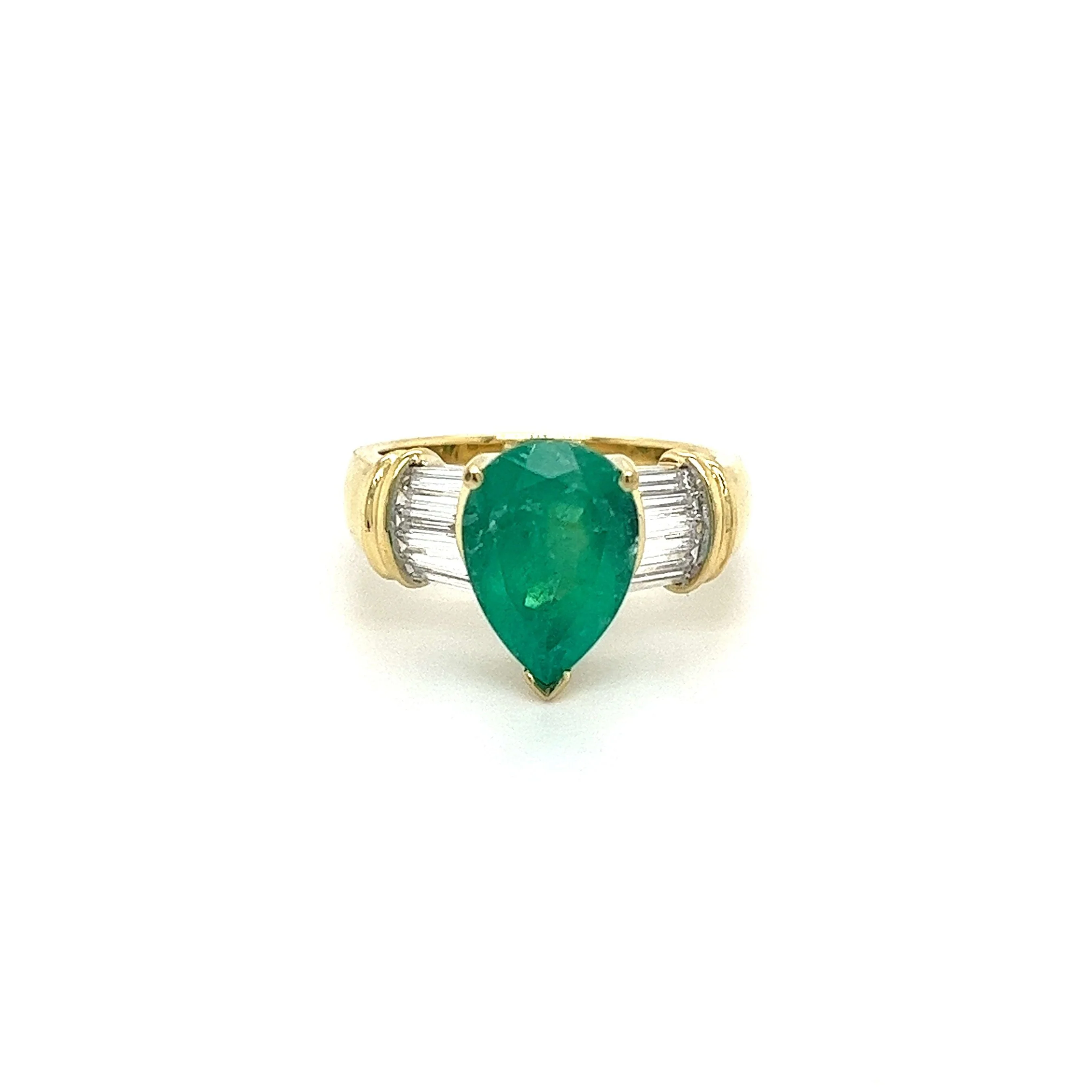 Natural 3.22 Carat Pear Cut Colombian Emerald With Baguette Diamond Side Stone Ring - Image 5