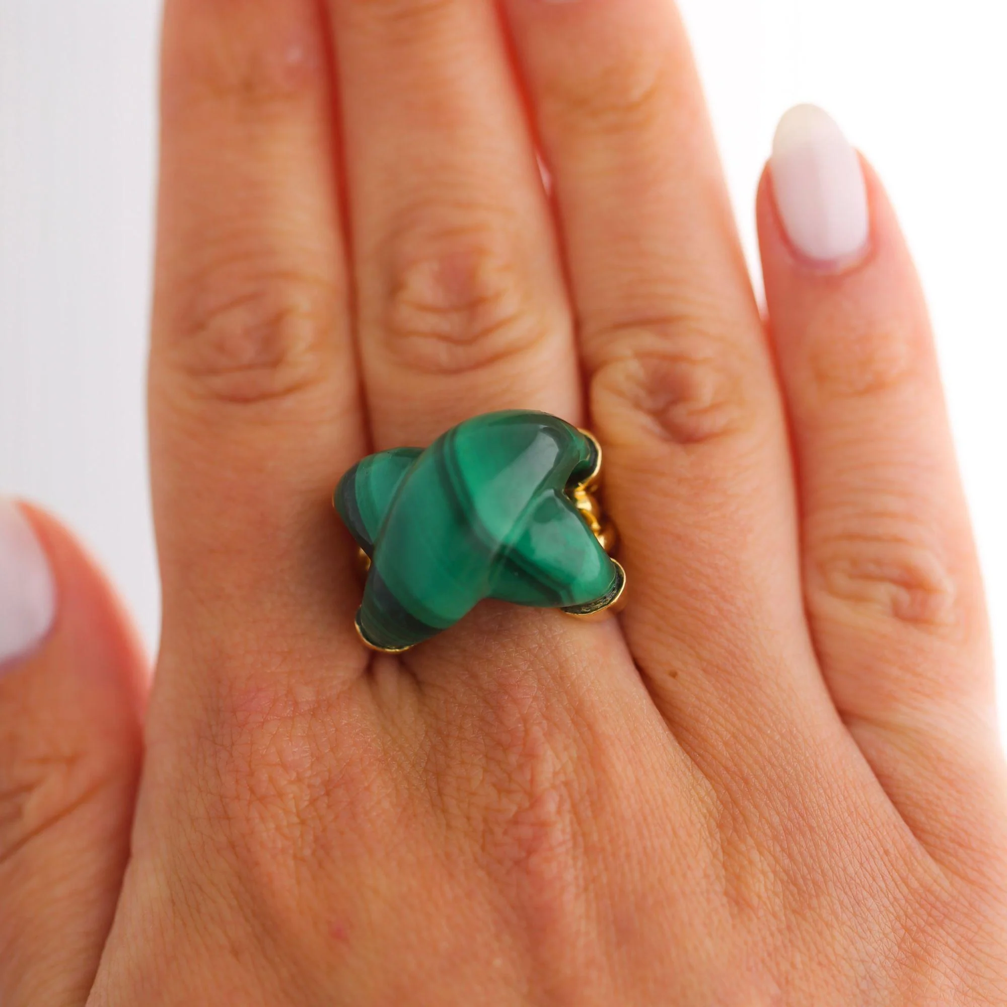 Natural Carved Malachite Quatrefoil Floral Dome Four-Prong 14K Yellow Gold Ring - Image 6