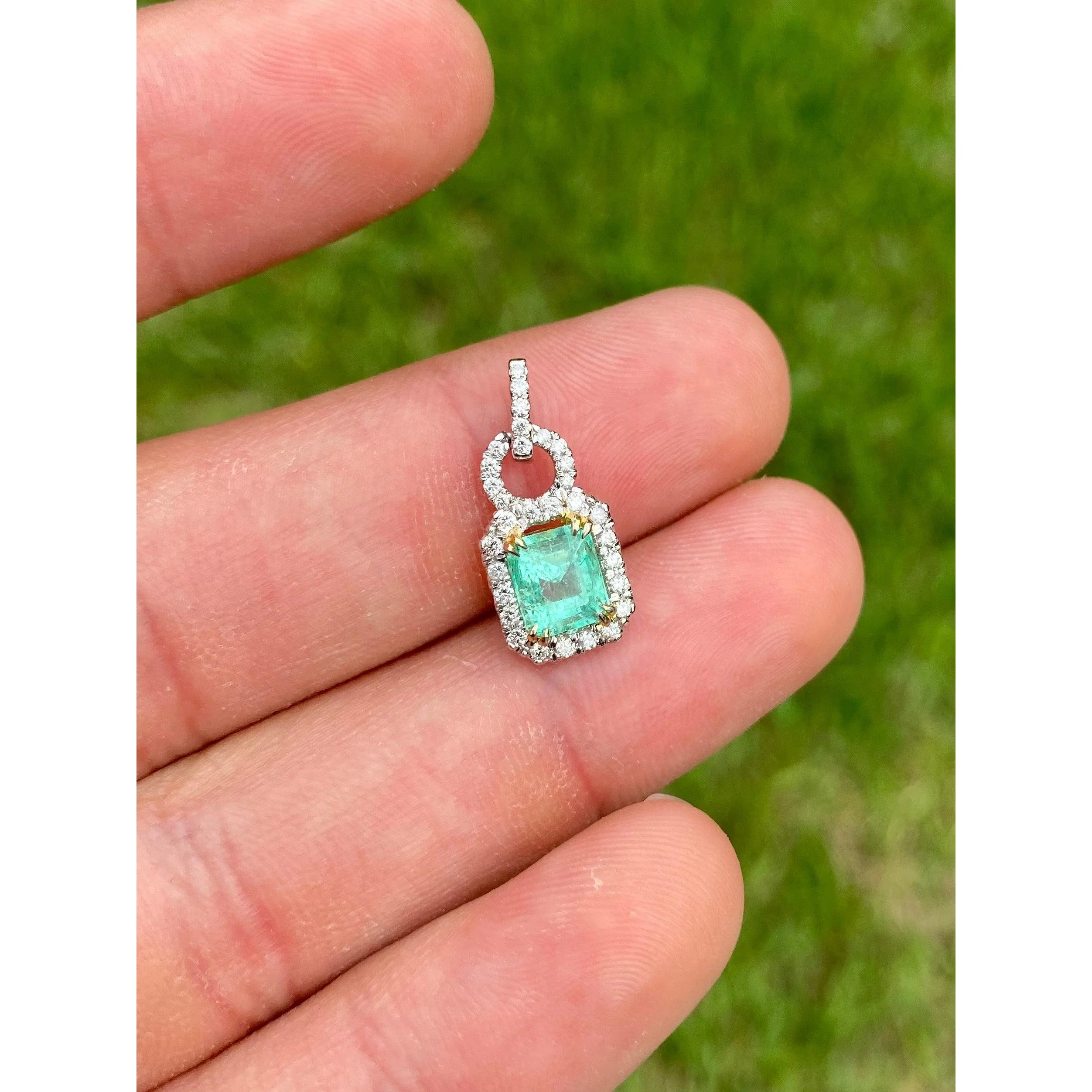 Natural Emerald Pendant and Diamond Halo in 18k Solid White Gold - Image 5