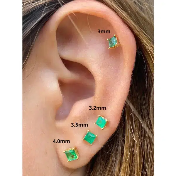 3mm-4mm Colombian Emerald Square-Cut Stud Earrings in 18k Gold - Image 4
