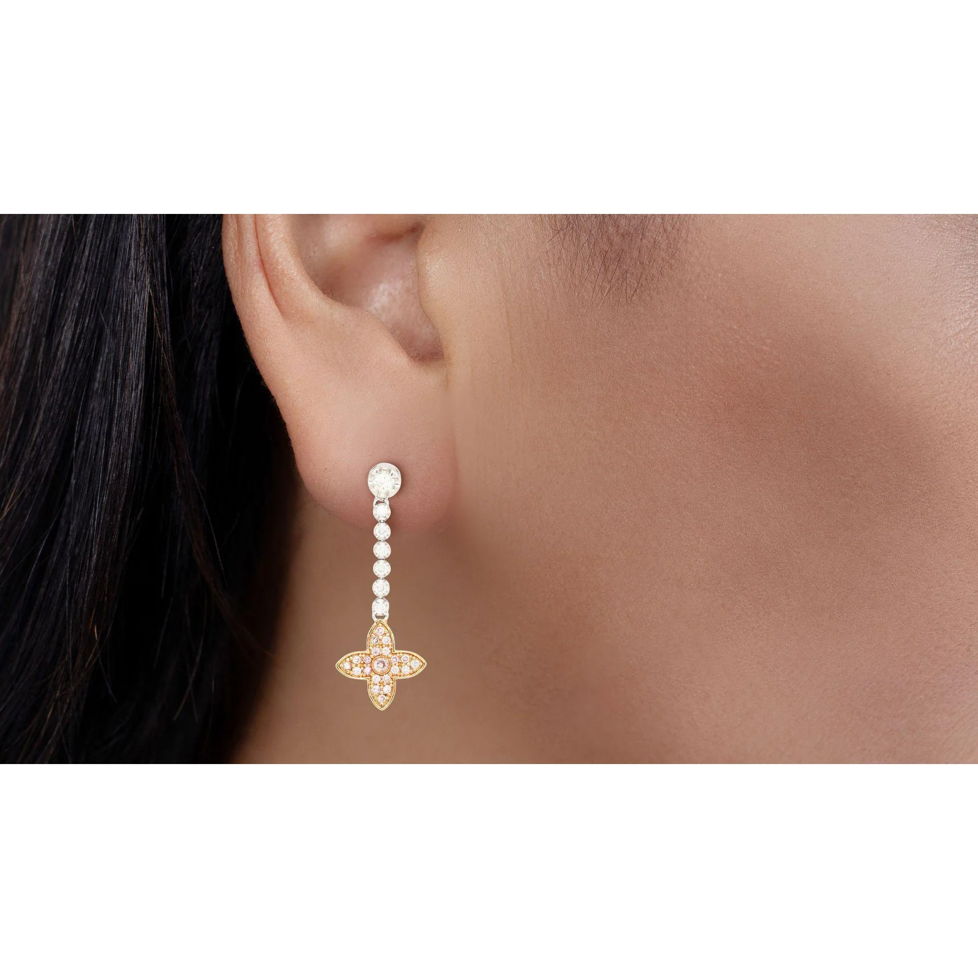 Natural Pink & White Diamond Floral Drop Earrings in 18k White and Rose Gold - Image 2
