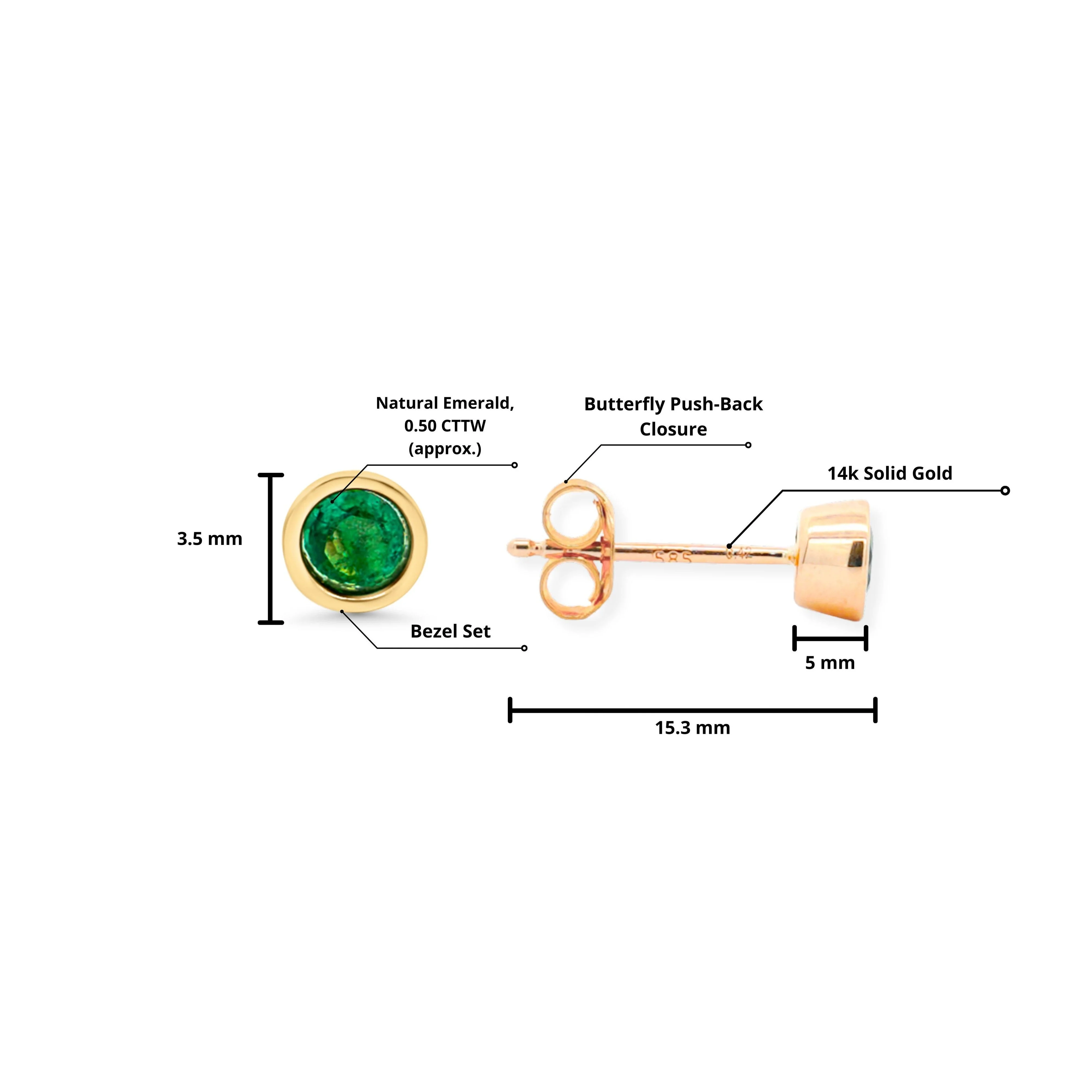 Natural 1/2 Carat Bezel Prong Emerald Stud Earrings 14K Gold - Image 14
