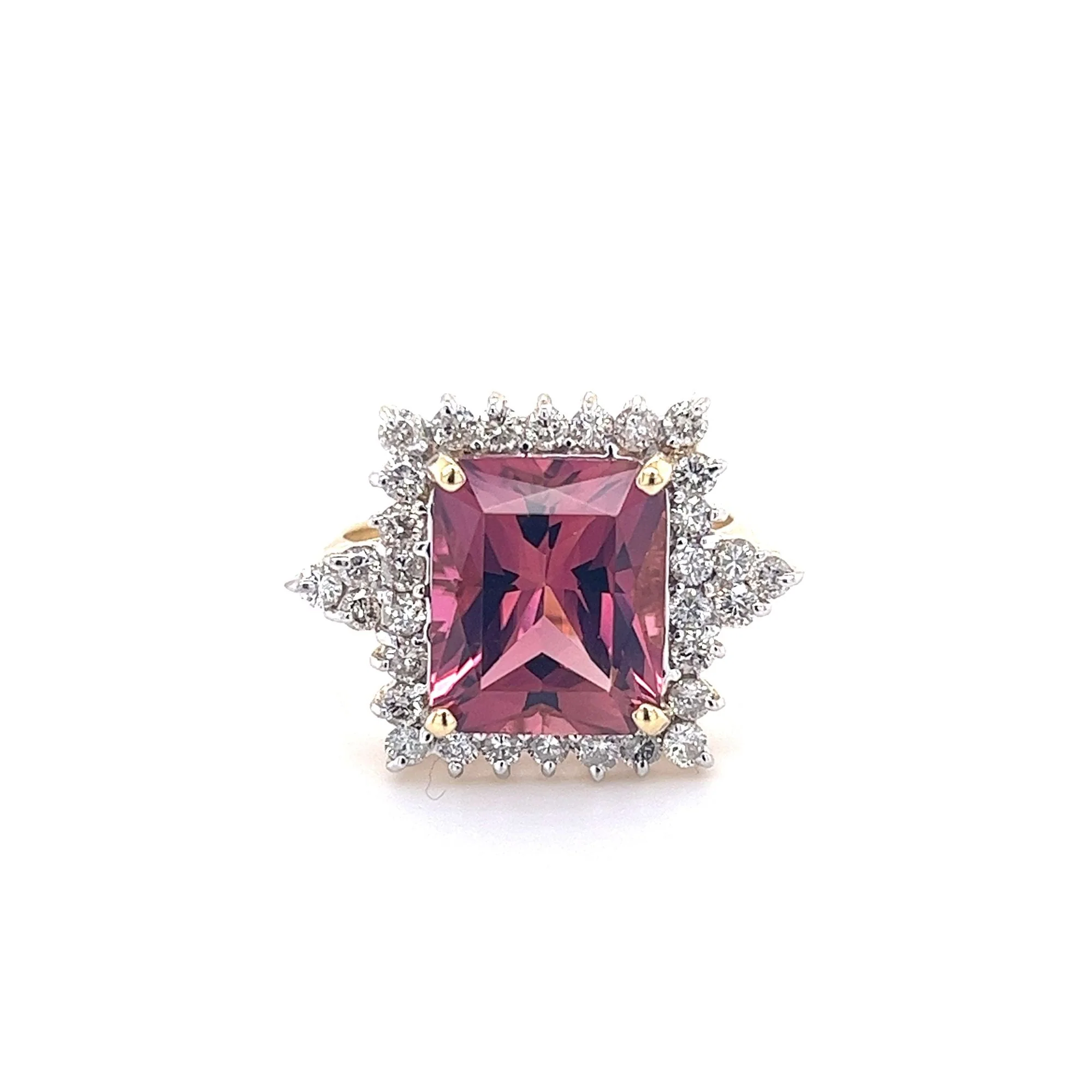 Vivid Pink 7 Carat Radiant Cut Tourmaline Ring with Round Diamond Halo in 18K Gold - Image 7
