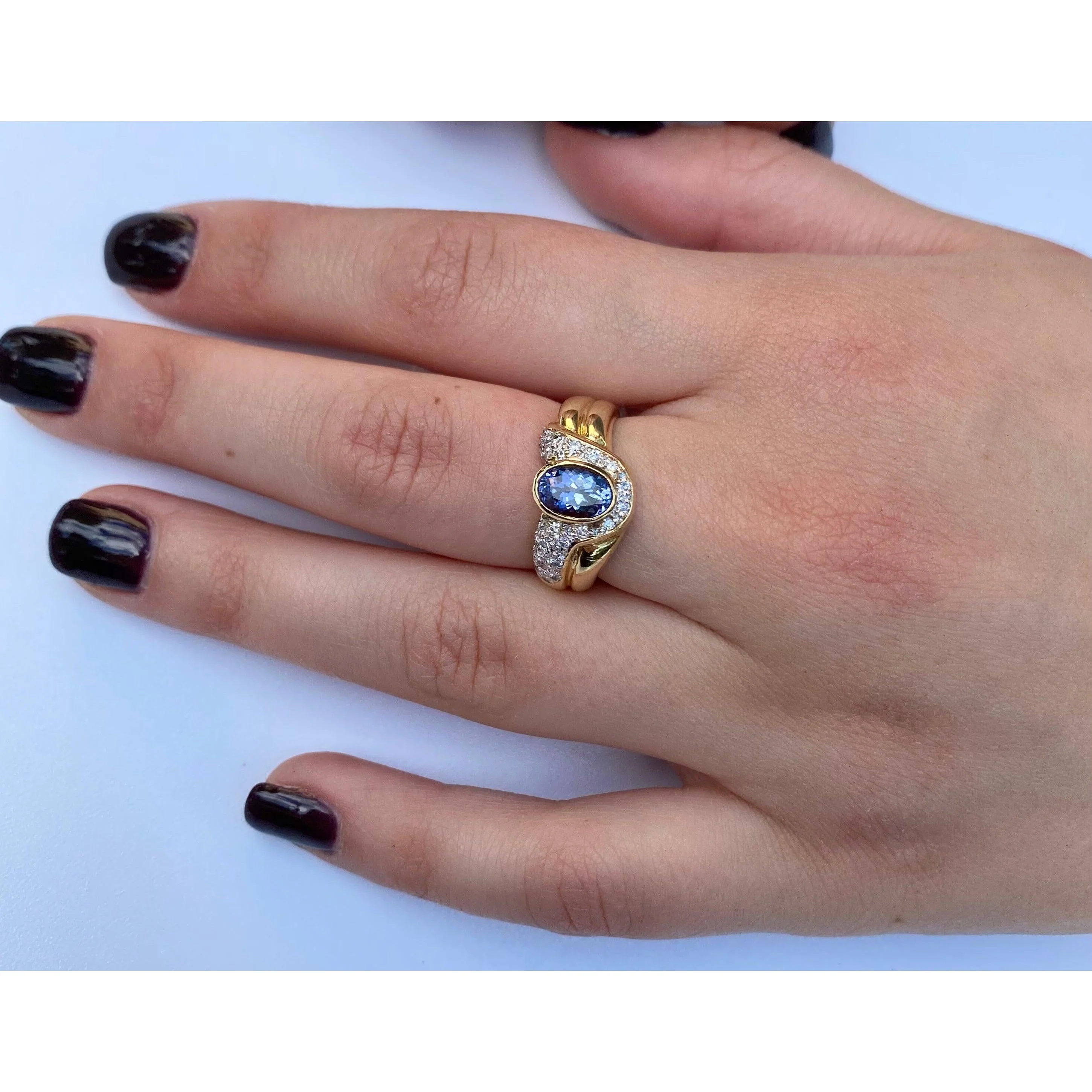 Oval Cut Tanzanite Statement Double Band Ring in 14k Yellow Gold - Image 5