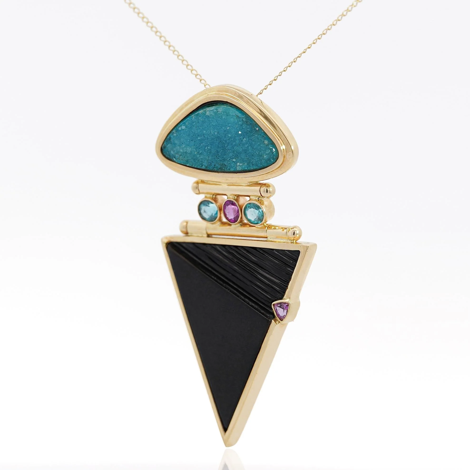 Paraiba Tourmaline and Onyx in 14K Retro Drop Pendant Necklace - Image 5