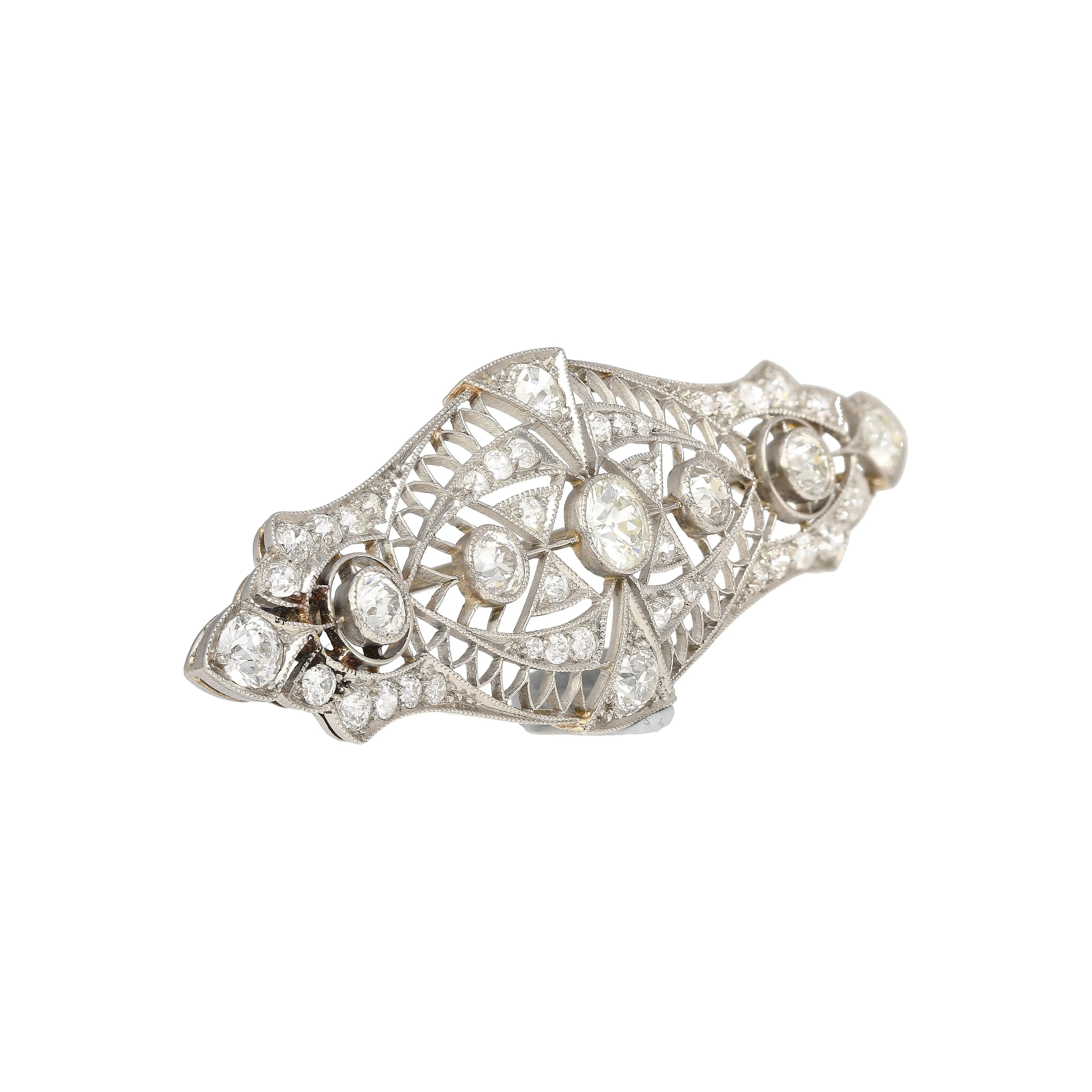 Platinum And 14K Gold 2.75 Carat Old European Cut Edwardian Brooch - Image 2