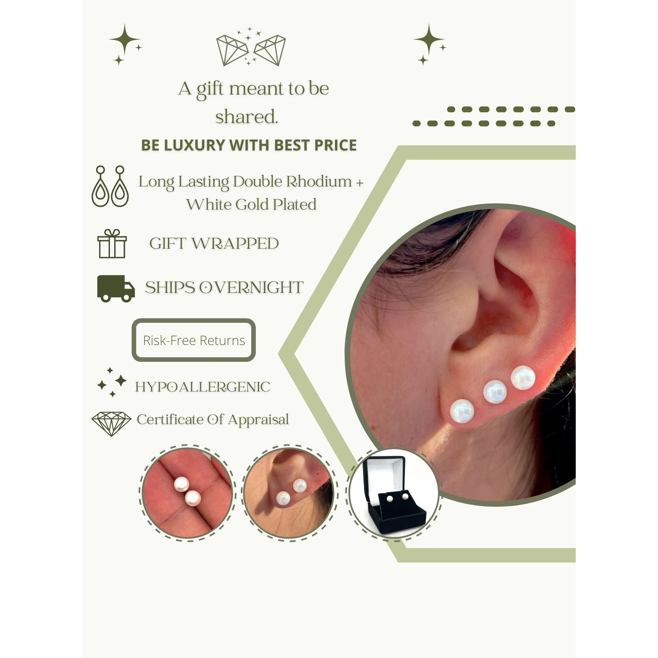 Real 6mm Japanese Cultured White Pearl Stud Earrings in 14k White Gold Plated Silver - Image 10