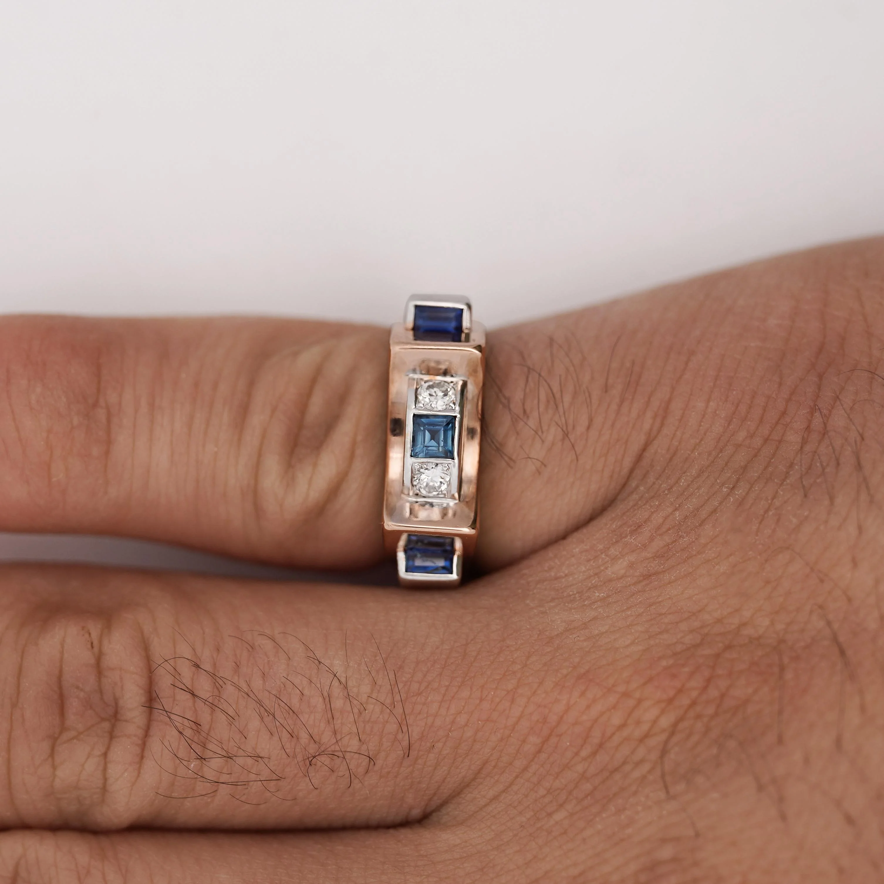 Retro Style Sapphire & Diamond Channel 14K Two Tone Unisex Band Ring - Image 7