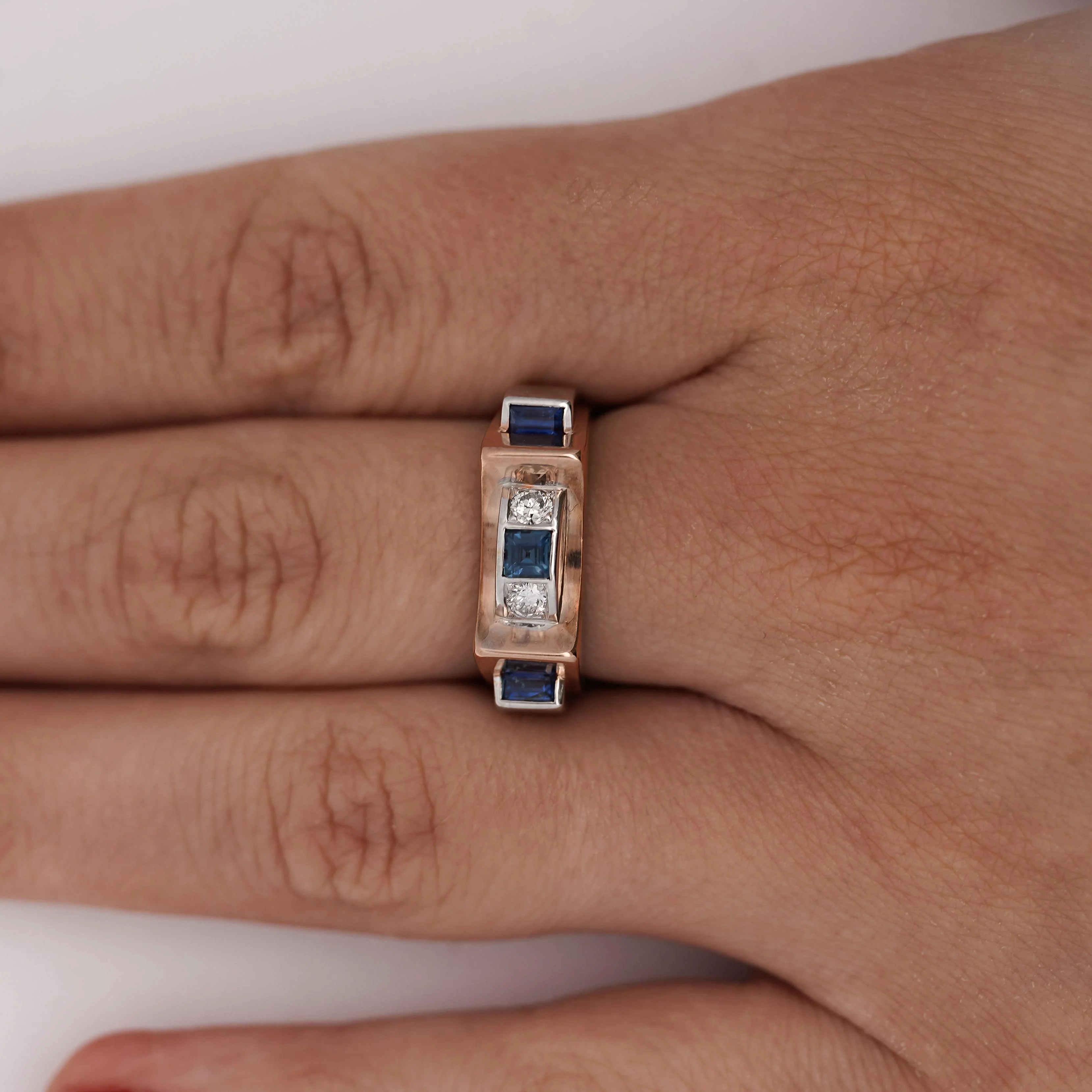 Retro Style Sapphire & Diamond Channel 14K Two Tone Unisex Band Ring - Image 9