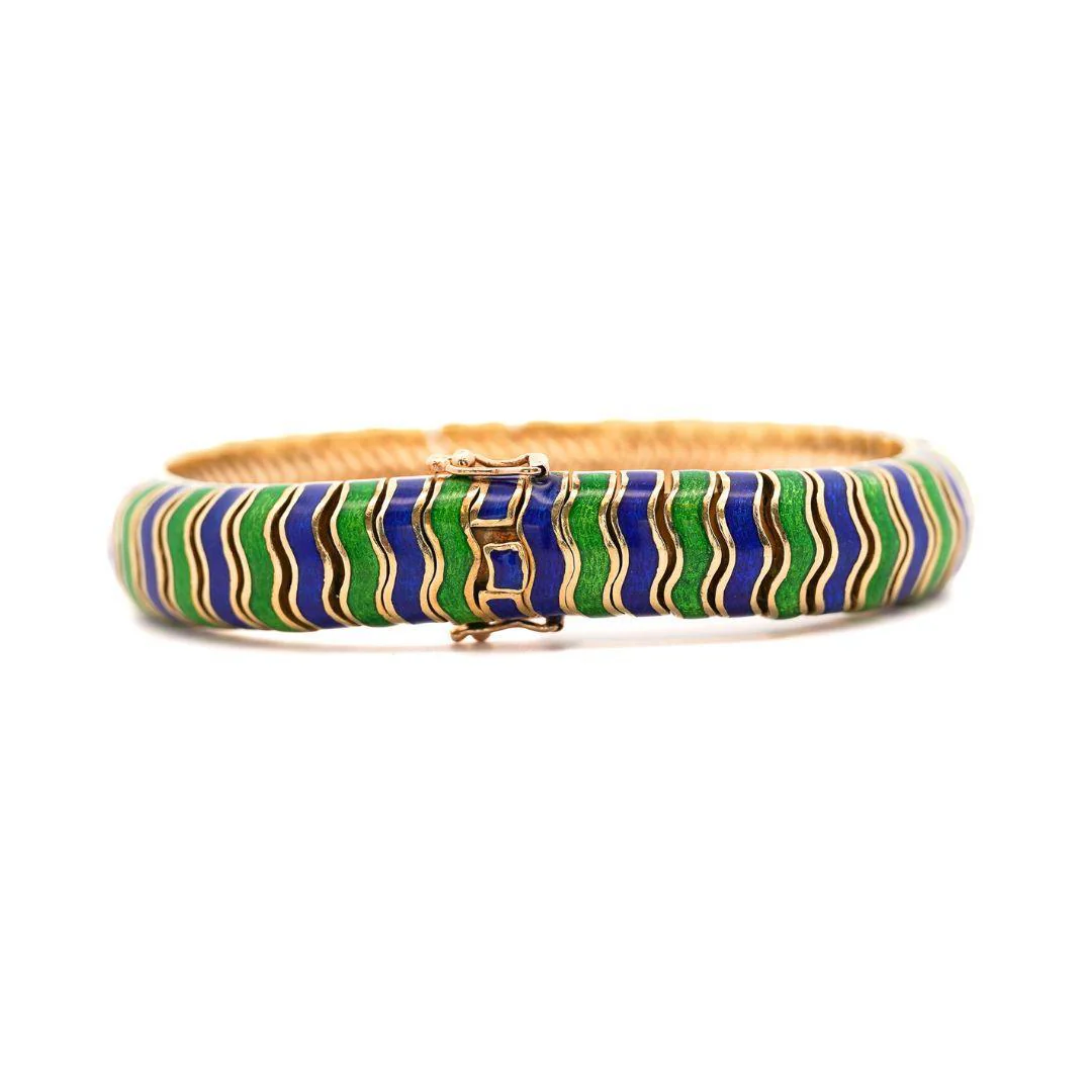Tiffany & Co. 18K Gold Green and Blue Enamel Earring and Bracelet Set - Image 2