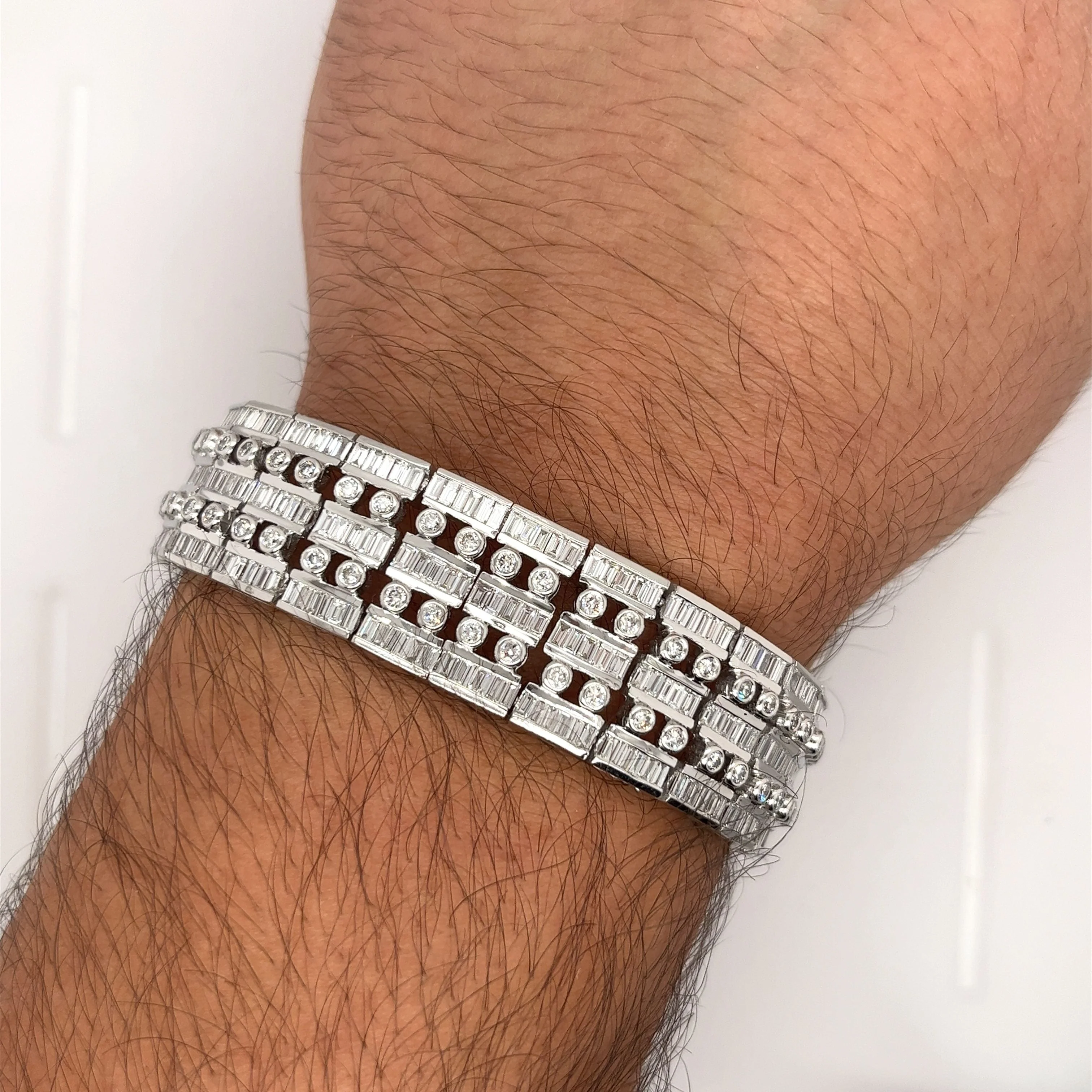 Unisex 18k Solid White Gold Baguette and Round Cut Natural Diamond 5-Row Multi Link Bracelet - Image 4