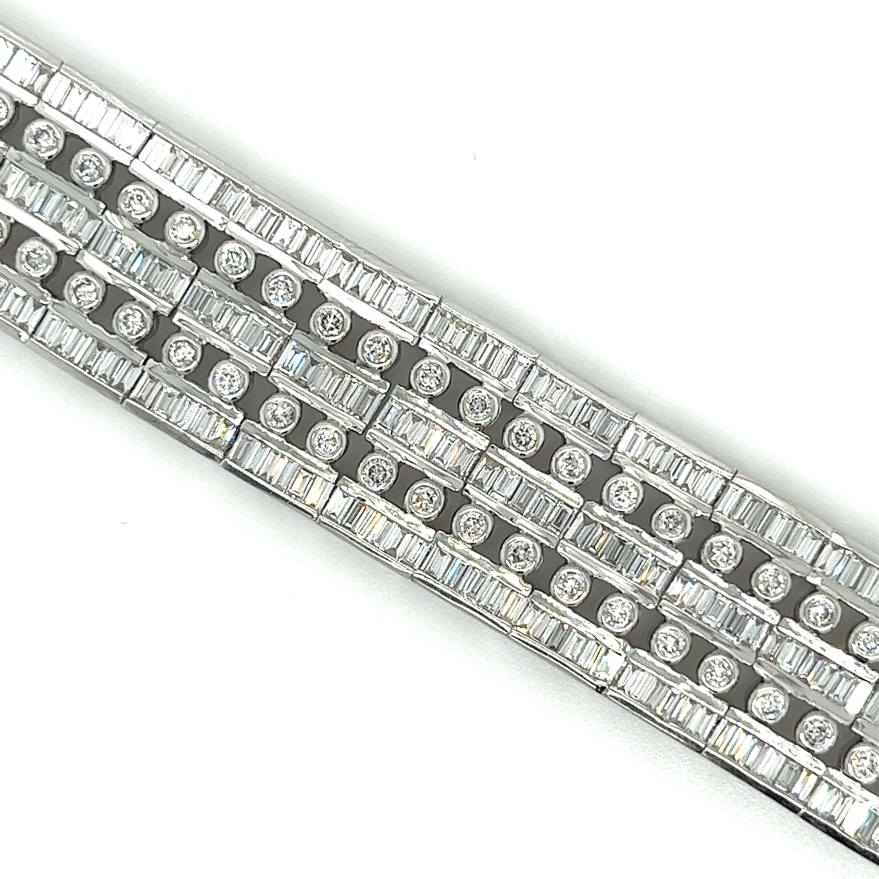 Unisex 18k Solid White Gold Baguette and Round Cut Natural Diamond 5-Row Multi Link Bracelet - Image 5