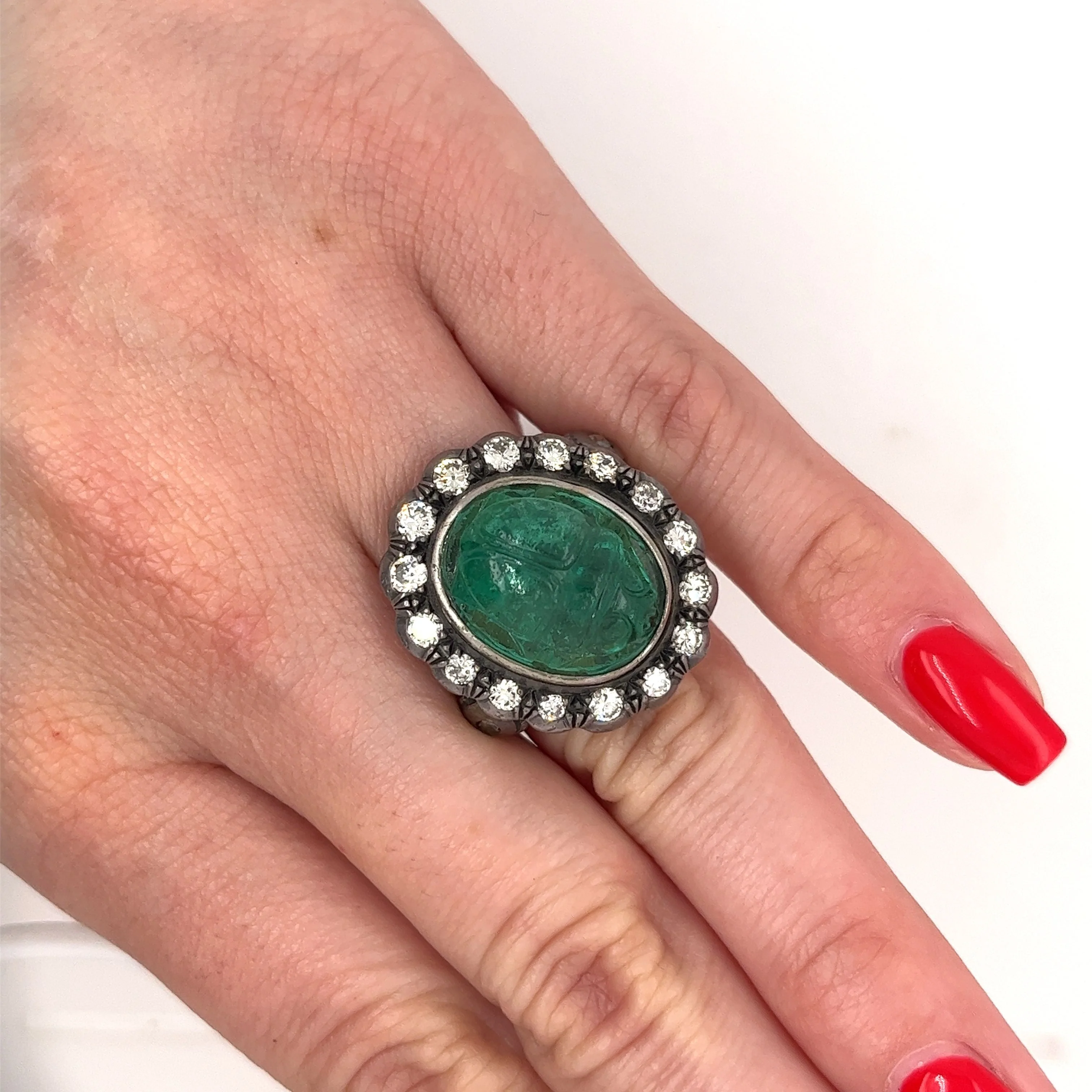 Victorian Era 15 Carat Carved Emerald Beetle Antique Diamond Halo Ring - Image 6