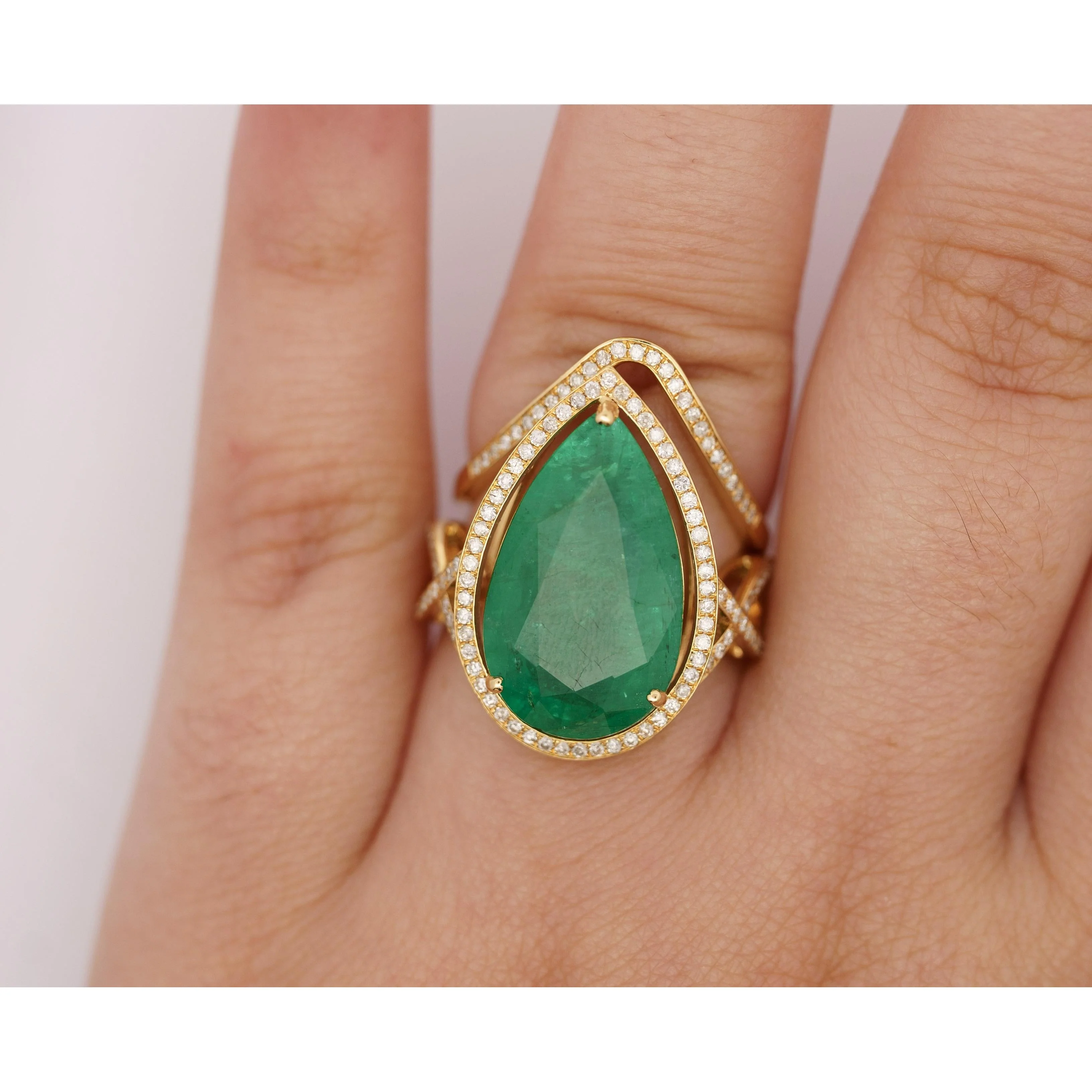 Vintage 9 Carat Pear Cut Zambian Emerald & Diamond Halo Ring Jacket in 18K Gold - Image 5