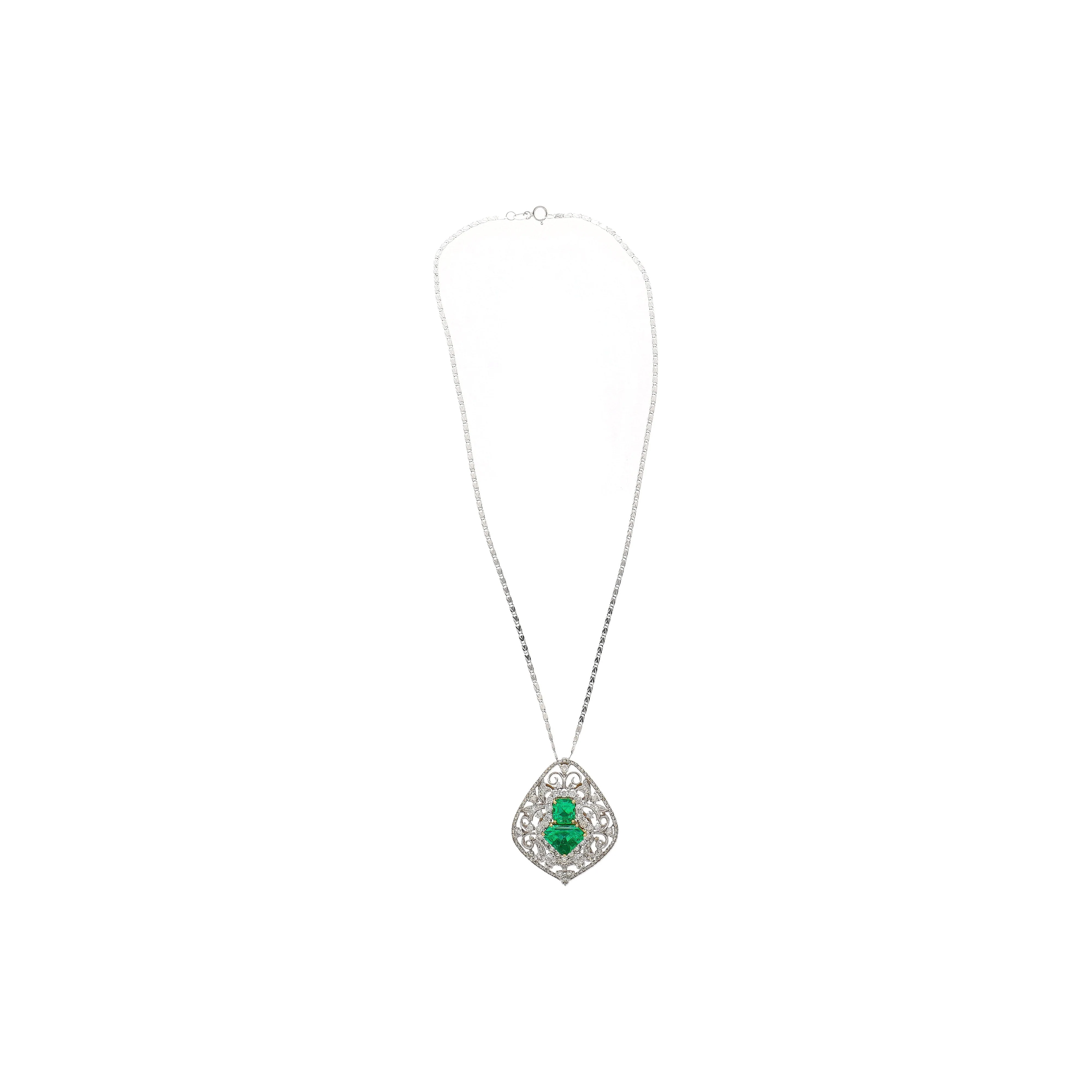 Vintage Art Nouveau Style Carved 18K White Gold Pendant Necklace With Shield Cut Emerald and Diamond Side Stones - Image 2